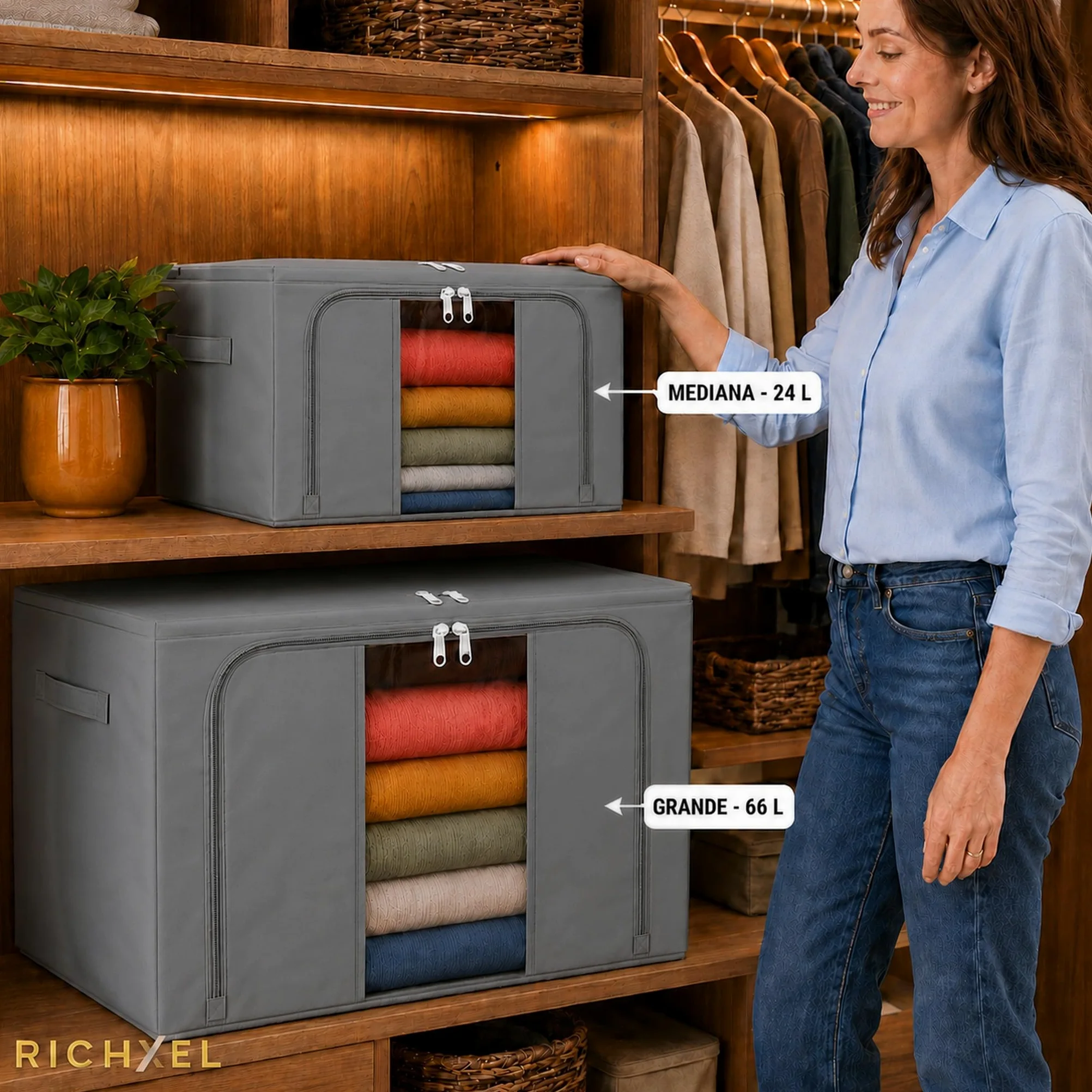 Cajas Almacenaje Ropa GRANDES Pack 2 · 66L (132L total) — Armario, Marco Metálico Rígido y Apilable, Plegable, Tela Oxford con Cremallera y Ventana Transparente Quitapelusas Incluido