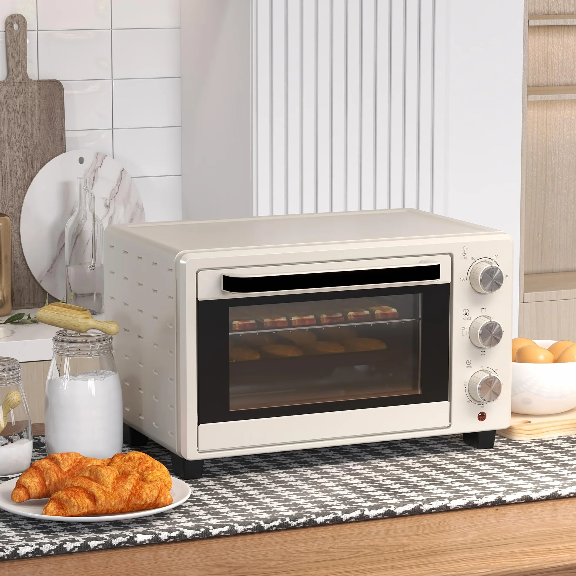 HOMCOM Horno Eléctrico de Sobremesa Horno Sobremesa de 21L 1400W Mini Horno Tostador con Temporizador hasta 60min y Temperatura Regulable hasta 230℃ Crema