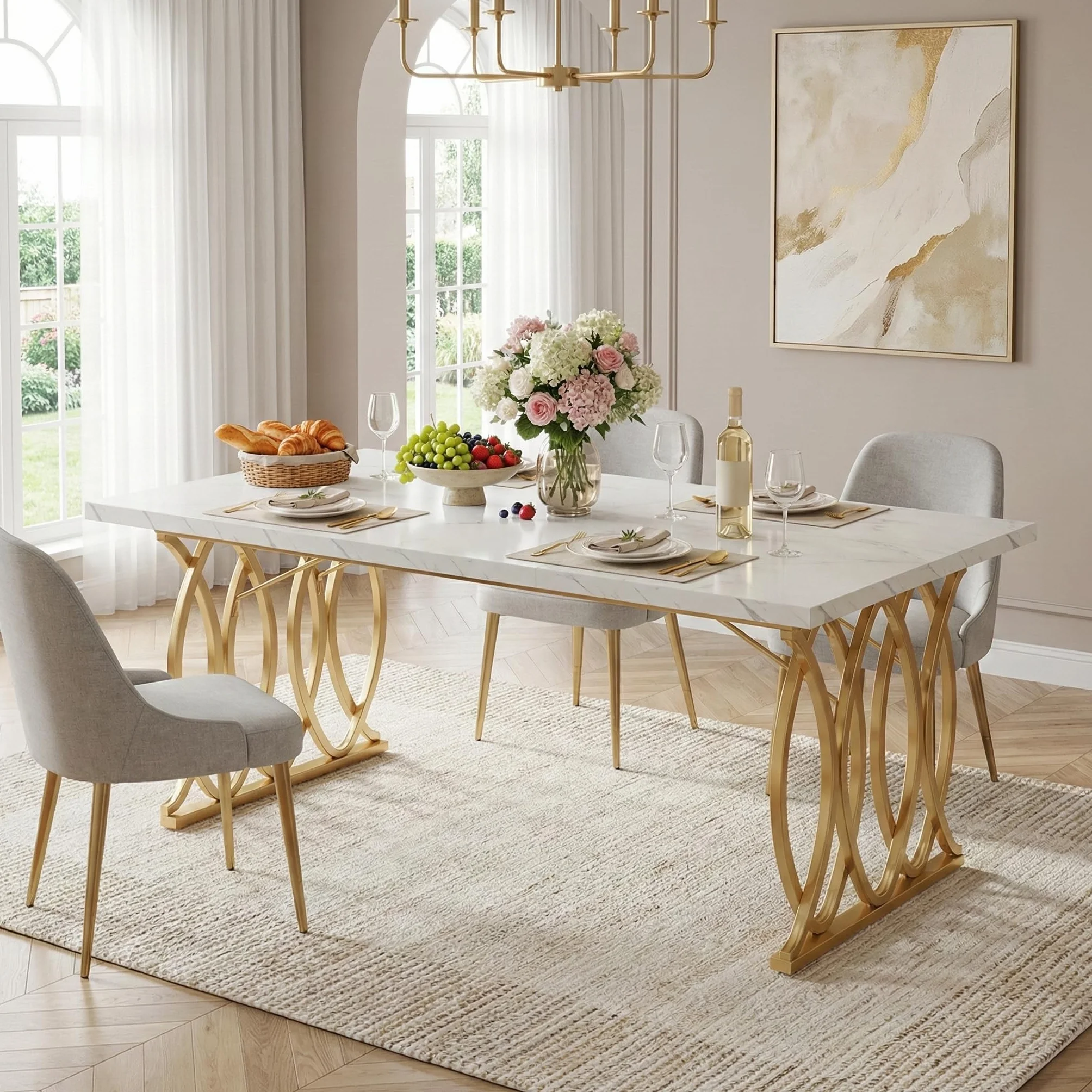 Lailang 160cm Mesa de Comedor, Mesa Rectangular, Muebles Auxiliares Cocina, Mesa Madera Comedor, Mueble Comedor Moderno, 160 x 80 x 75 cm, Blanco y Dorado