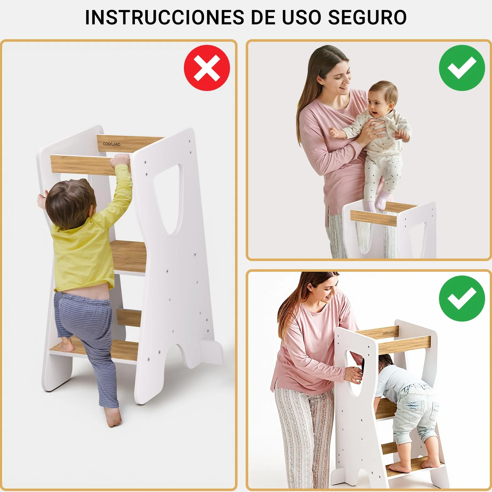 COSYLAND Torre de Aprendizaje Montessori Madera Altura Ajustable 3 Niveles Barandillas Seguridad Natural Blanco