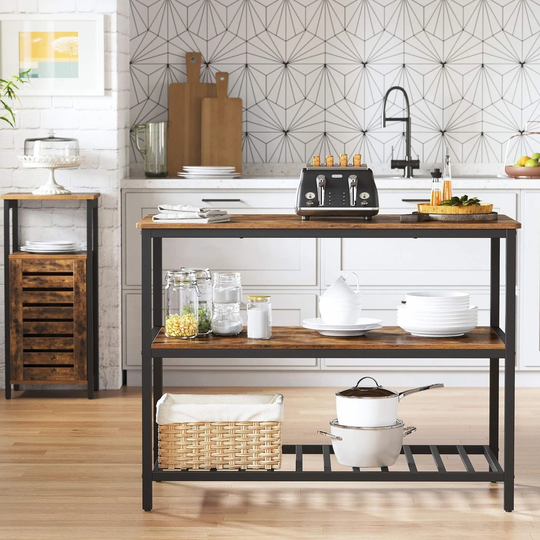GarveeHome - Isla de Cocina con Gran encimera de 3 Niveles, 105 x 40 x 90 cm, Estante de 3 Niveles de Acero Resistente con Bandeja Grande, Montaje rápido para Sala de Estar, Oficina y Cocina