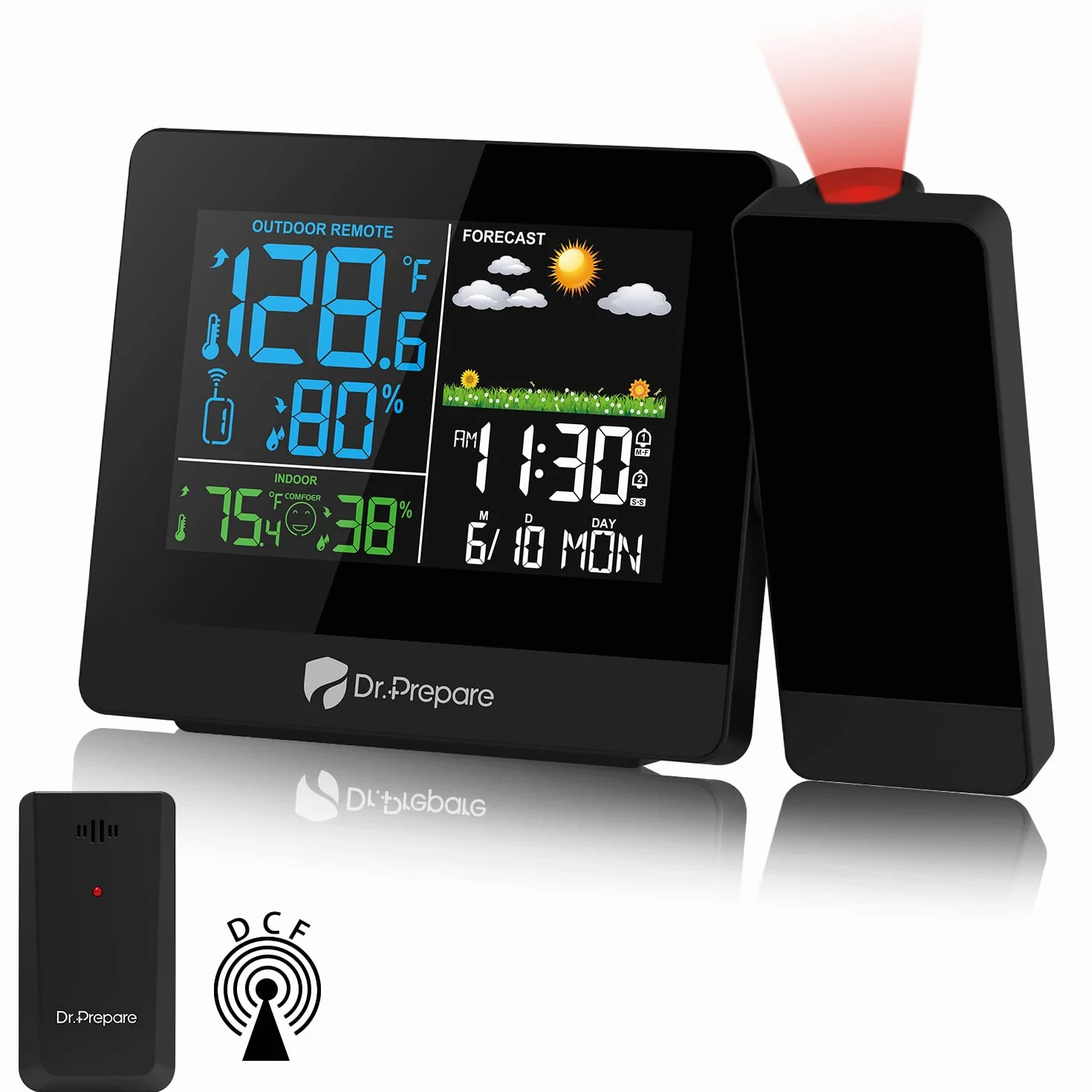 DR.PREPARE Despertador Proyector Techo con Estación Meteorológica y Sensor Exterior Muestra la Temperatura Humedad Interior y Exterior Función de Doble Alarma para Dormitorio Mesilla de Noche