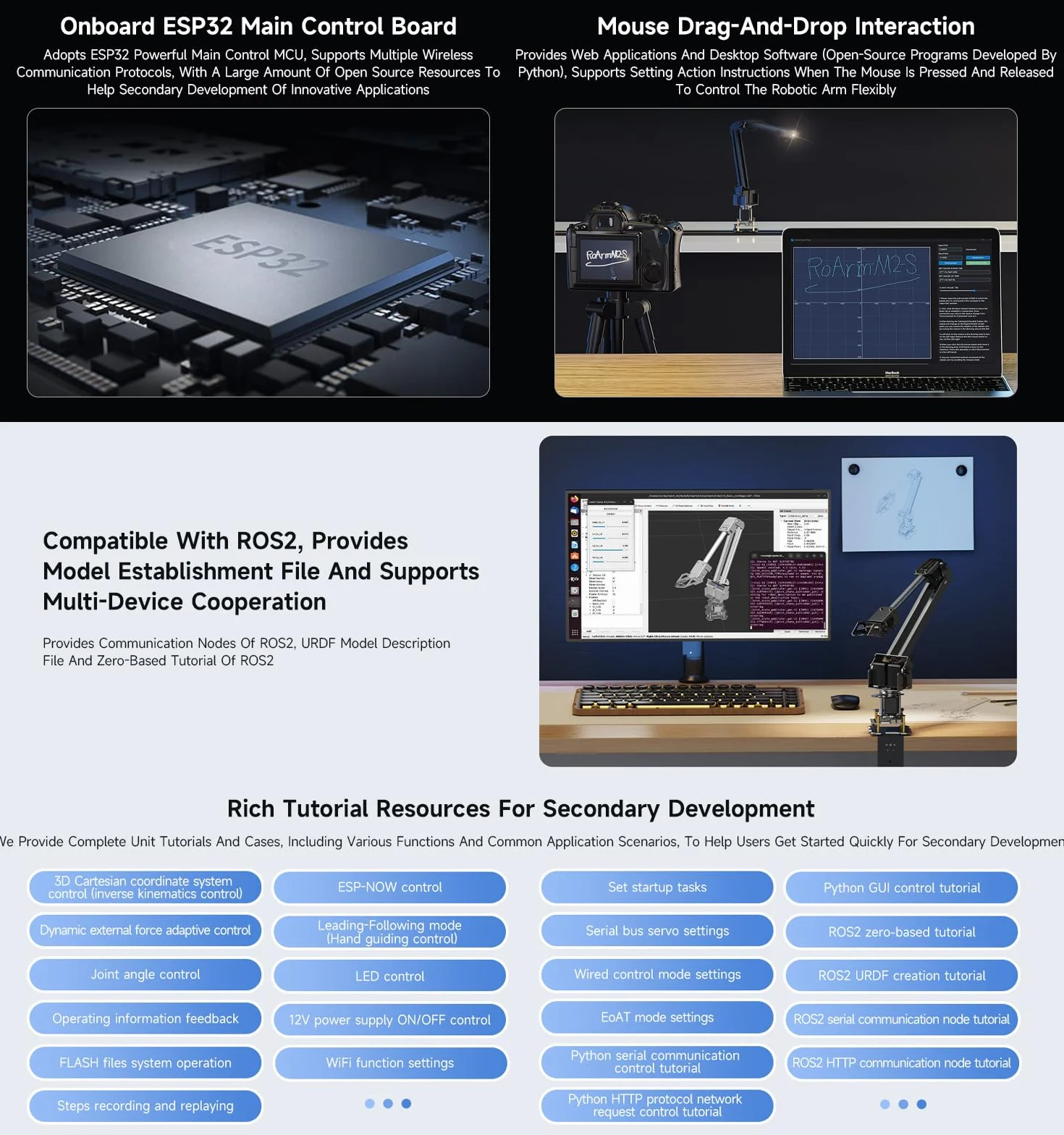Waveshare Desktop Robotic Arm Kit-Lightweight Strong Load 4-DOF Support Expansion & 2nd Development ESP-Now Wireless Control Support Multi Upper Computers & ROS2, Open Source & Rich Learning Material