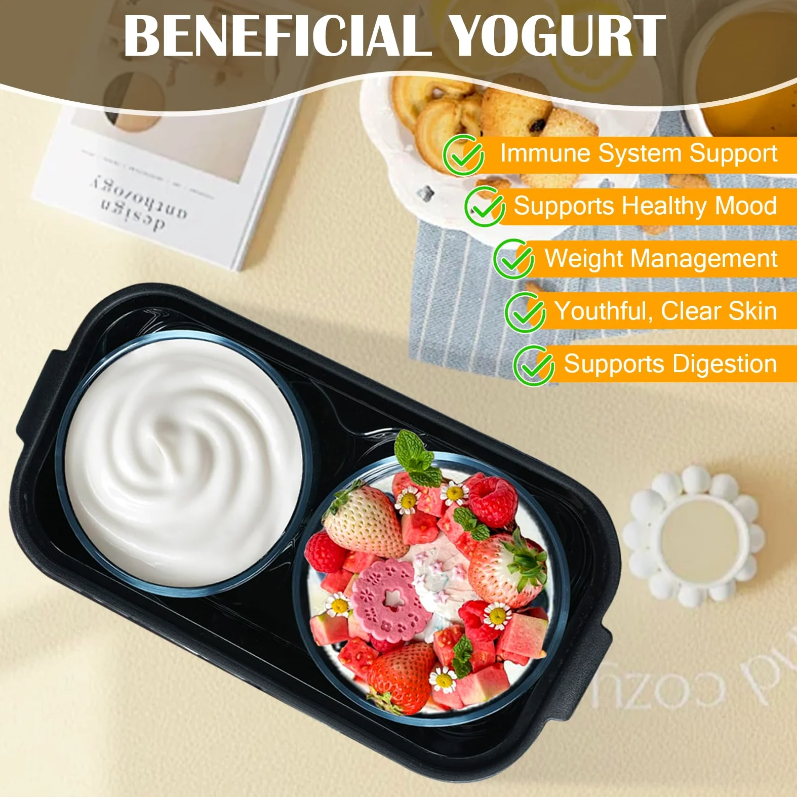 Máquina de yogur probiótico de 2 litros, máquina de yogur con 2 tarros de vidrio, control de tiempo y temperatura ajustable, fabricante de yo-gurt para yogur probiótico casero para postre casero