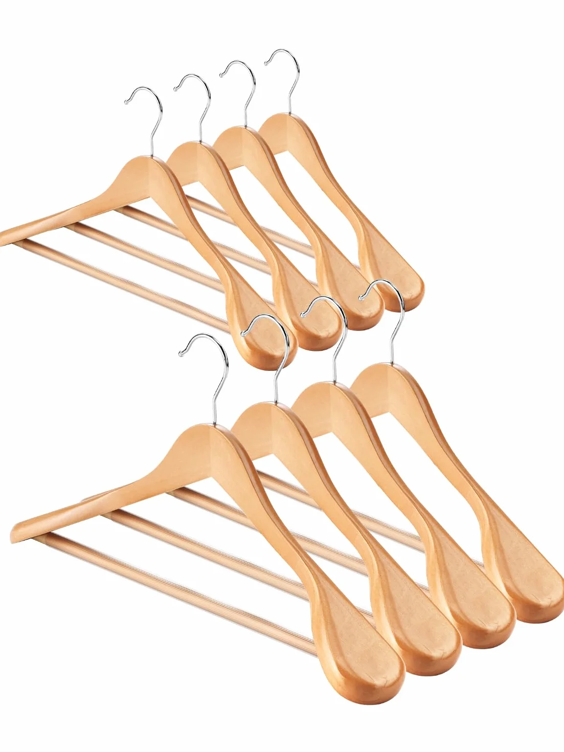 AMKUFO Perchas de madera de hombro ancho, paquete de 8 perchas con barra antideslizante para pantalones, perchas de madera resistentes con acabado suave, gancho giratorio de 360° para suéter, chamarra