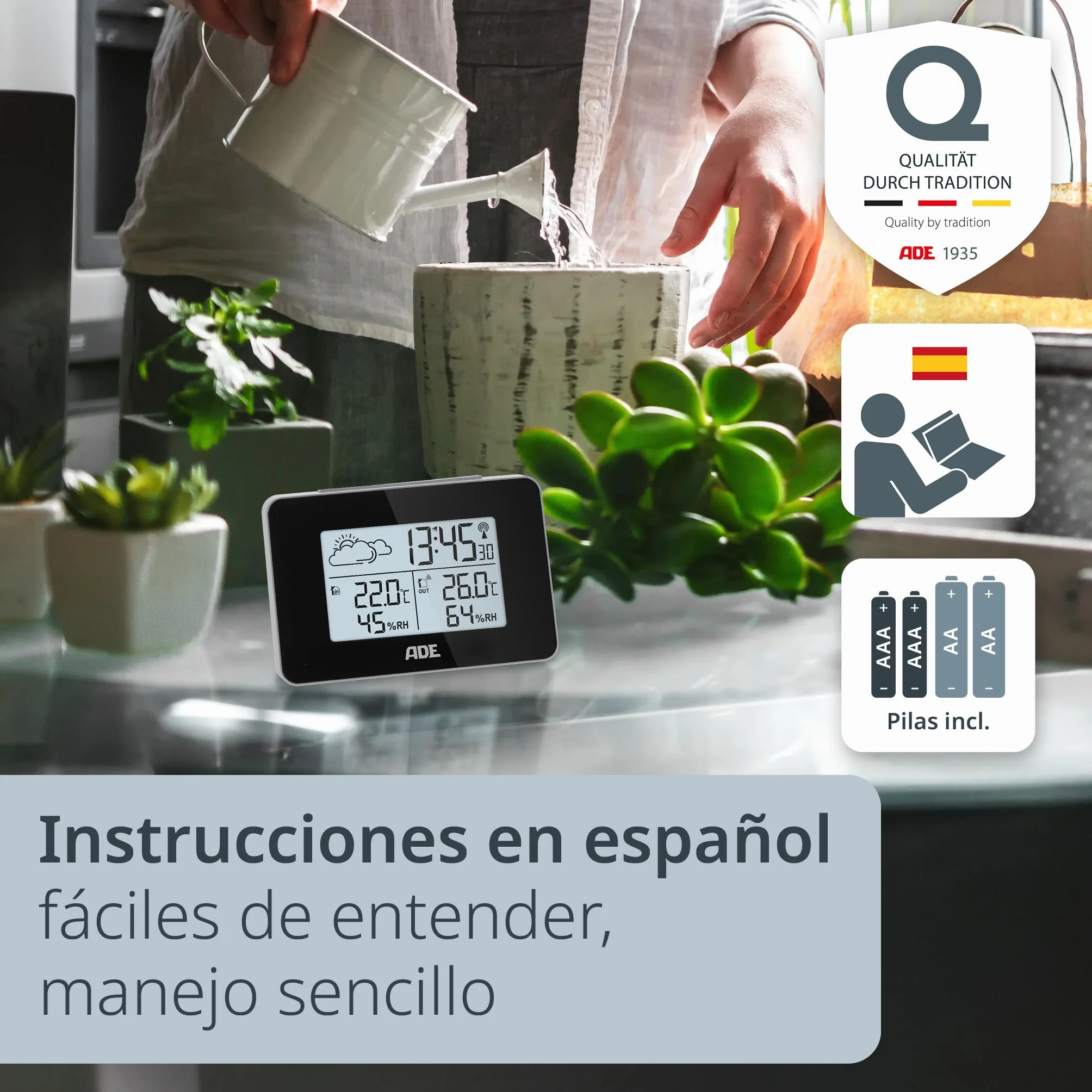 ADE Estación meteorológica digital radiocontrolada con sensor exterior | temperatura interior y exterior | medidor de humedad | previsión meteorológica animada | despertador | negro