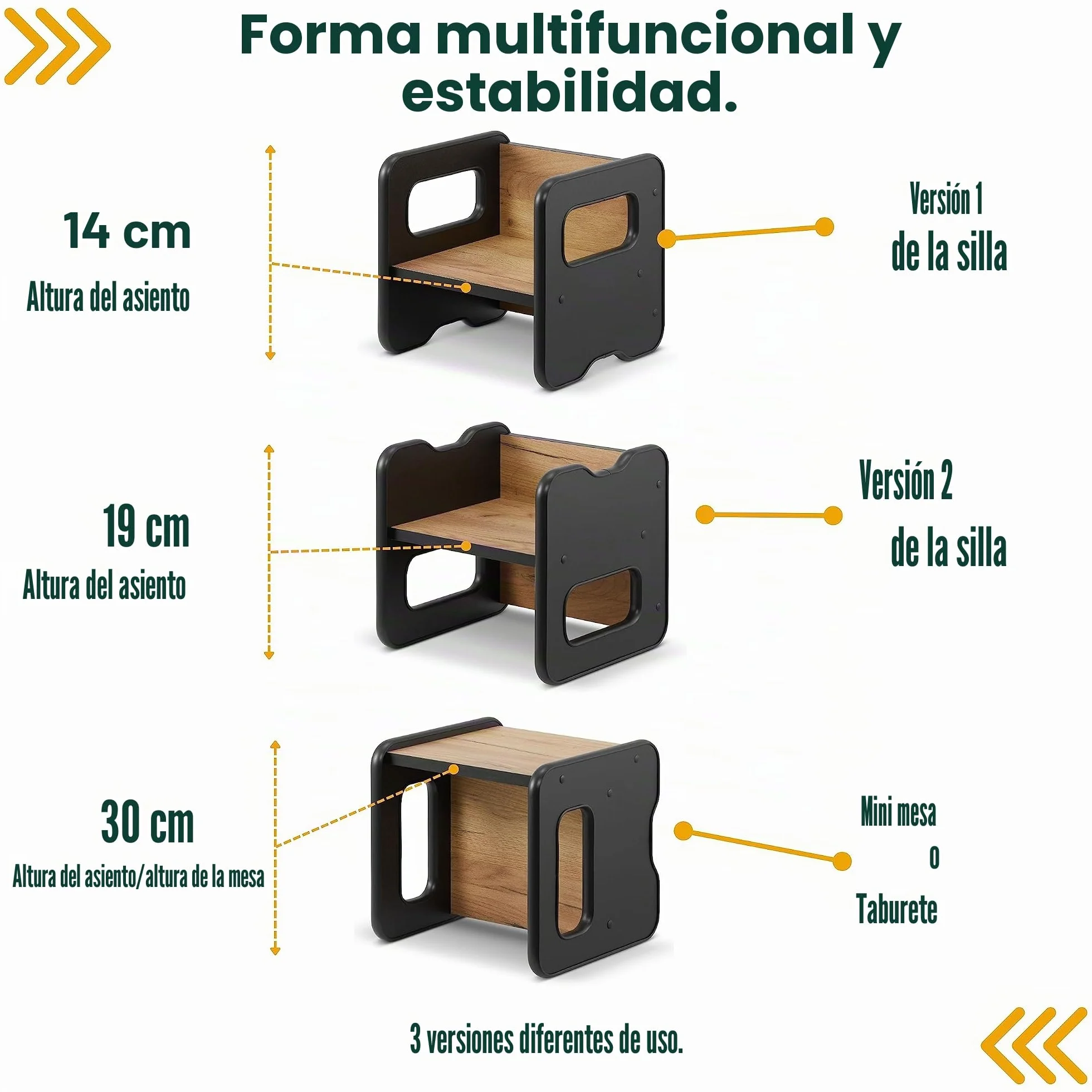 Taburete infantil de madera doble cara convertible en mesa - Negro y Roble