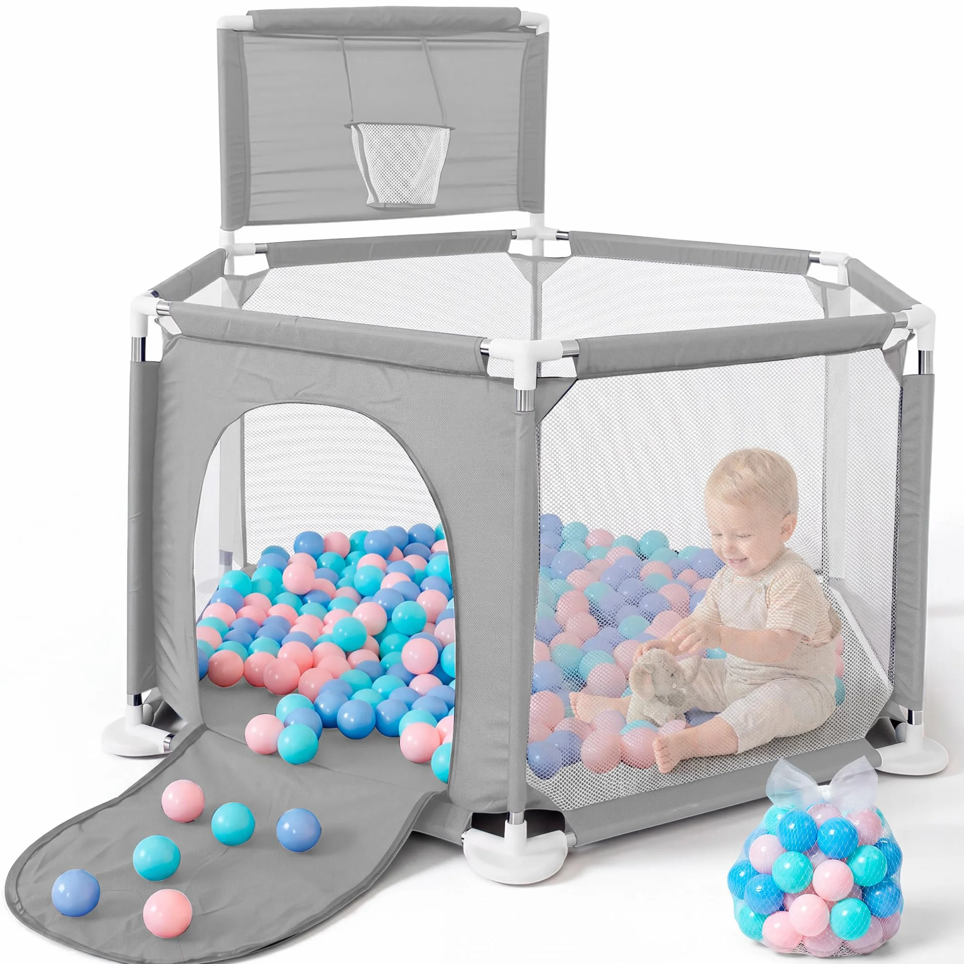 JUPPLIES Parque Infantil Bebe 127x127cm Hexagonal – Corralito Bebe con Malla Transpirable – Parque de Juegos Bebe con Puerta Lateral – Playpen Bebe - Parque con Canasta y Pelotas