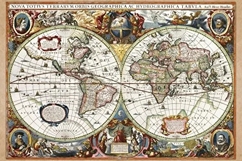 1art1 Mapas Históricos Póster Impresión En Lienzo Carta del Mundo, Nova Totius Terrarum, 1630 Cuadro En Bastidor De Camilla De Madera | Mural XXL | Imagen 120x80 cm