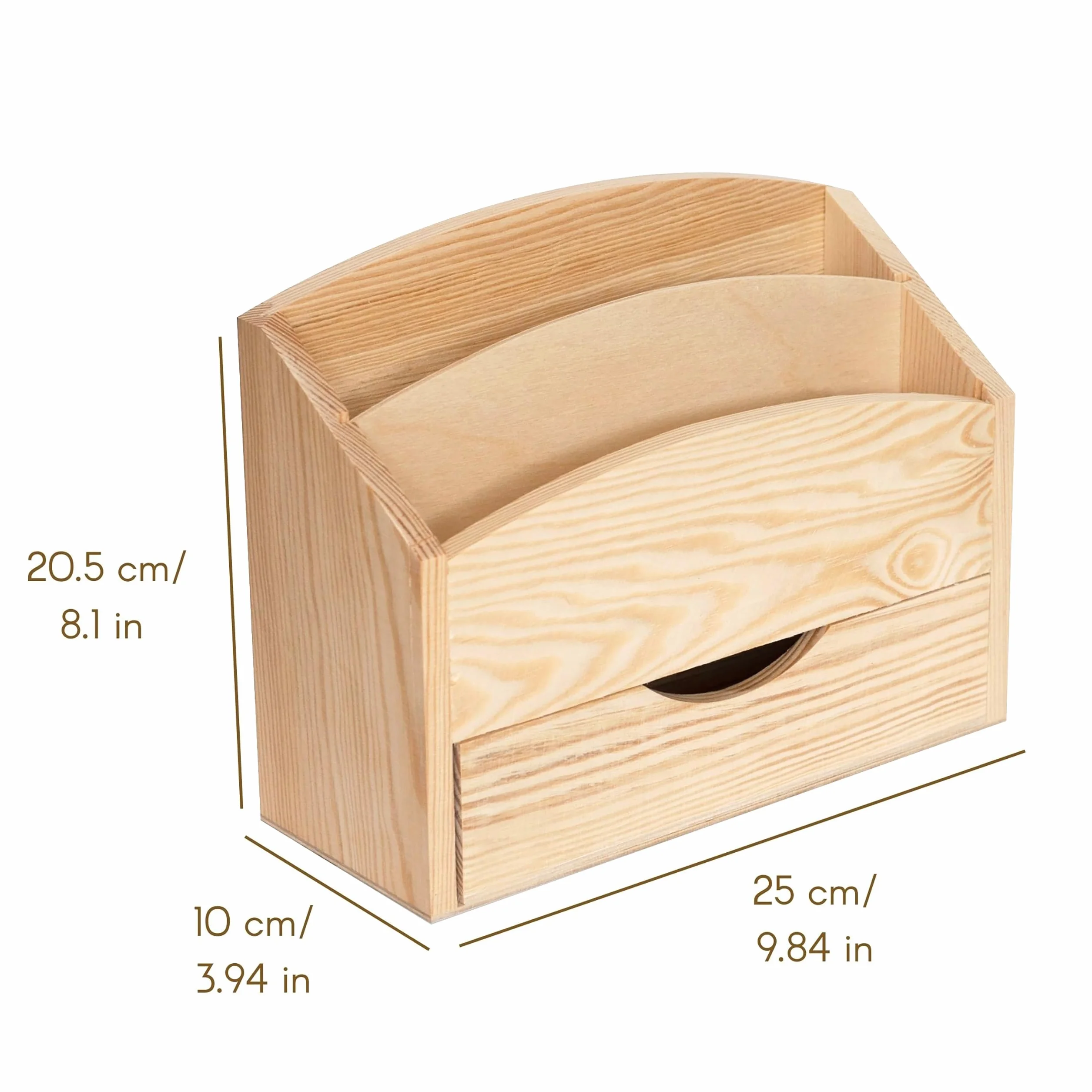 Creative Deco Organizador Escritorio Madera | 2 Compartimentos y Cajón | 25 x 10 x 20,5 cm | Clasificador Documentos Cartas Papeles | Perfecto para Decoupage y Decoración
