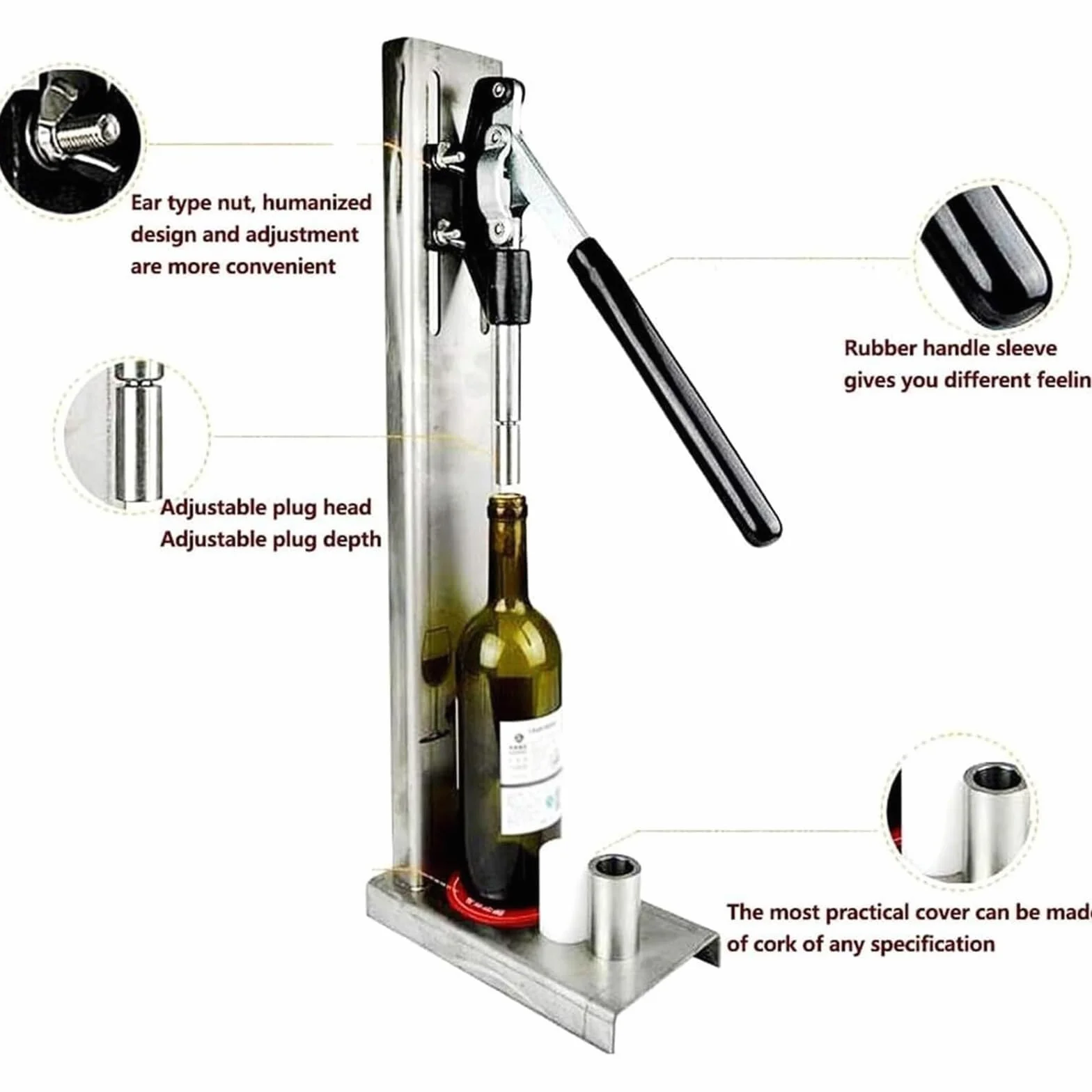 Encorchadora Manual de Acero Inoxidable para Botellas de Vino – Máquina de Corcho a Presión con 4 Cabezales POM, para Tapones de 20-22 mm, 300 Botellas/Hora