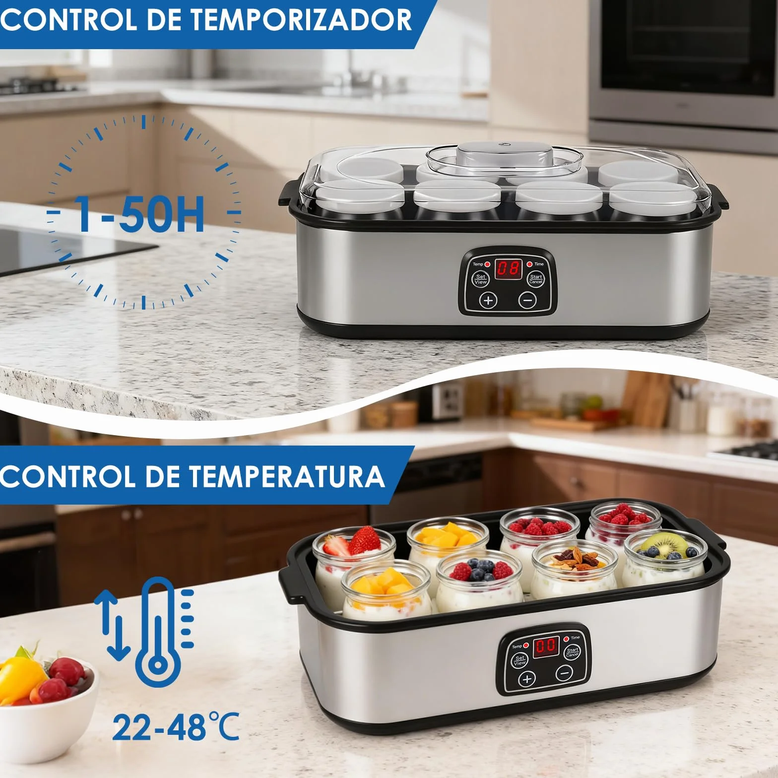 Yogurtera 1400ml, Greek Yogurt Maker with 8x180ml Jars,Yogurtera 8 Tarros con Temporizador y Pantalla LCD, Rango de Temperatura Ajustable 20–55°C,Yogurt Maker para Yogur Casero y Probióticos