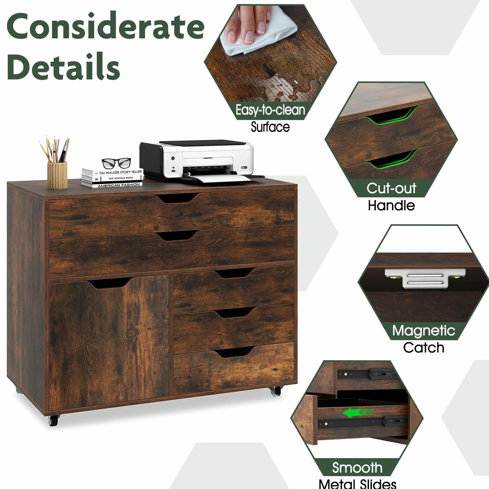 KOMFOTTEU Archivador Móvil con 5 Ruedas, Soporte para Impresora con 5 Cajones en 2 Tamaños y Armario con Puerta, Mueble de Almacenaje para Oficina, Cajonera Escritorio, 77,5 x 40 x 64 cm (Marrón)