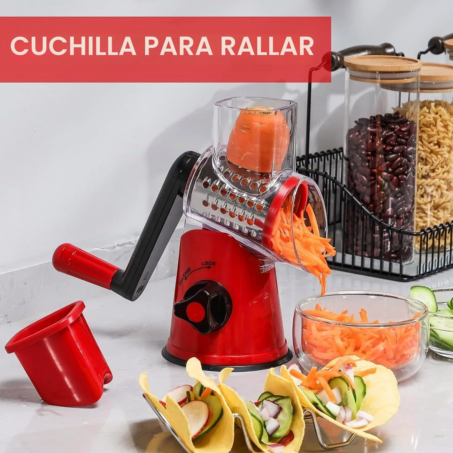 GDL Rallador de Queso, 3 Cuchillas Cortador de Verdura, Rallador Cocina | Versatilidad, Acero Inoxidable 430, Corte Rápido, Fácil Limpieza, Fuerte Ventosa, Seguridad de uso, Sin BPA, Mango Ergonómico