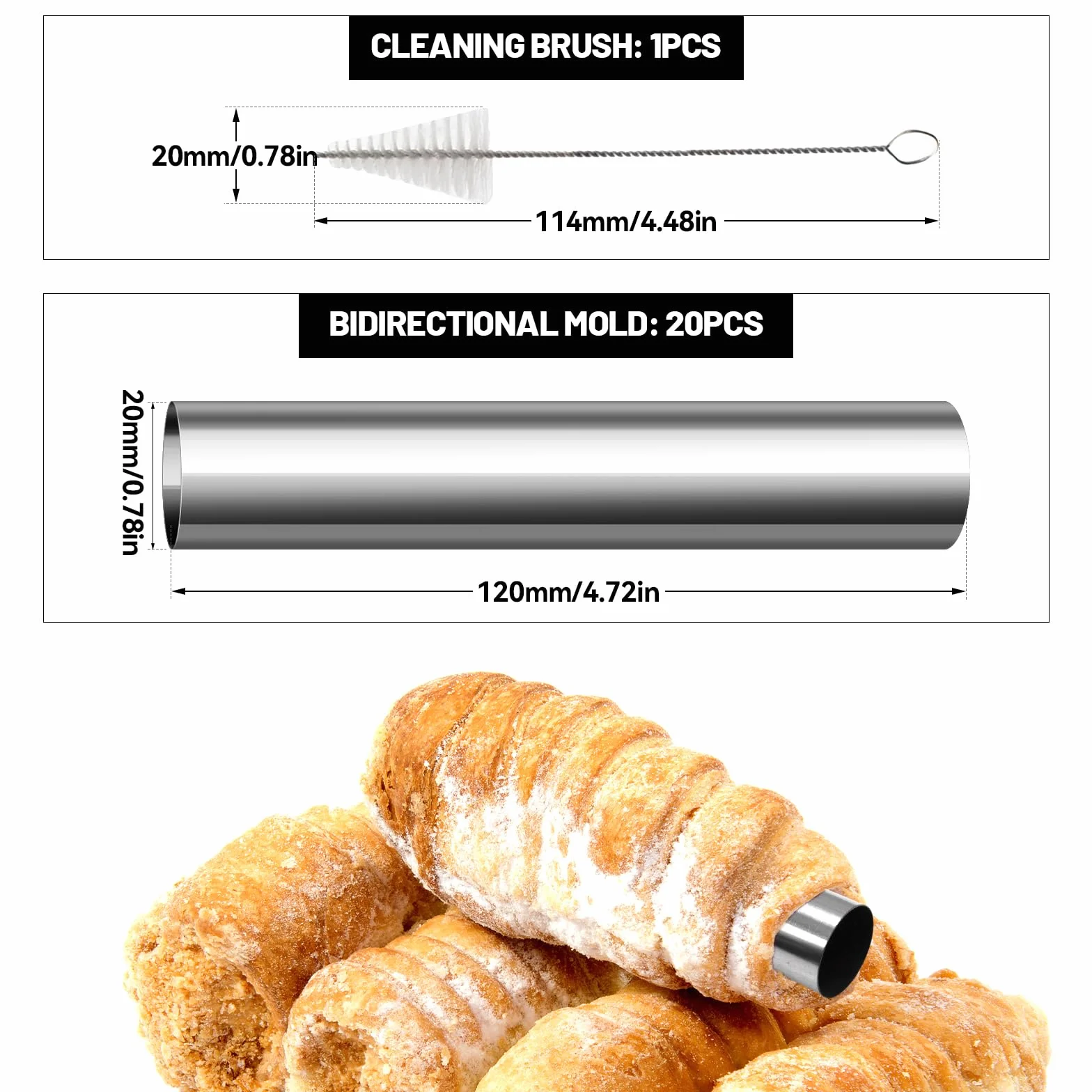 21 PCS Cannoli Molde Tubos, Cannoli Tubes Inoxidable 12 x 2 cm con Cepillo de Limpieza Antiadherente Molde Croissant