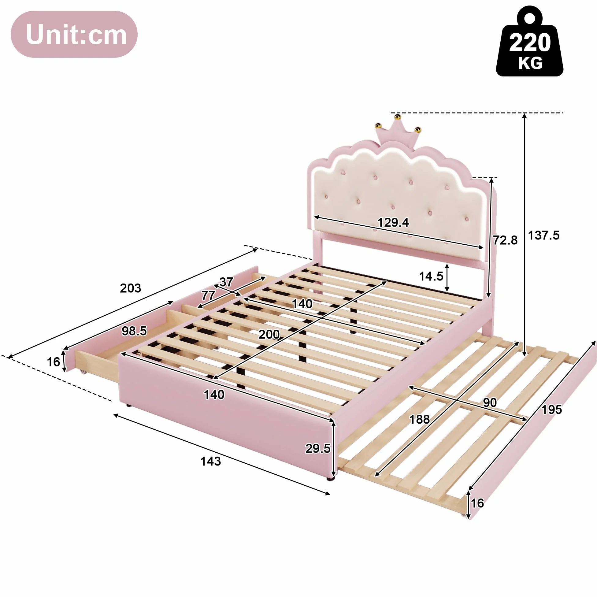 Soweiz Cama tapizada, 140 x 200 cm, cama nido con 2 cajones, con somier (sin colchón), iluminación ambiental con mando a distancia, diseño de princesa heredera, material PU, color rosa