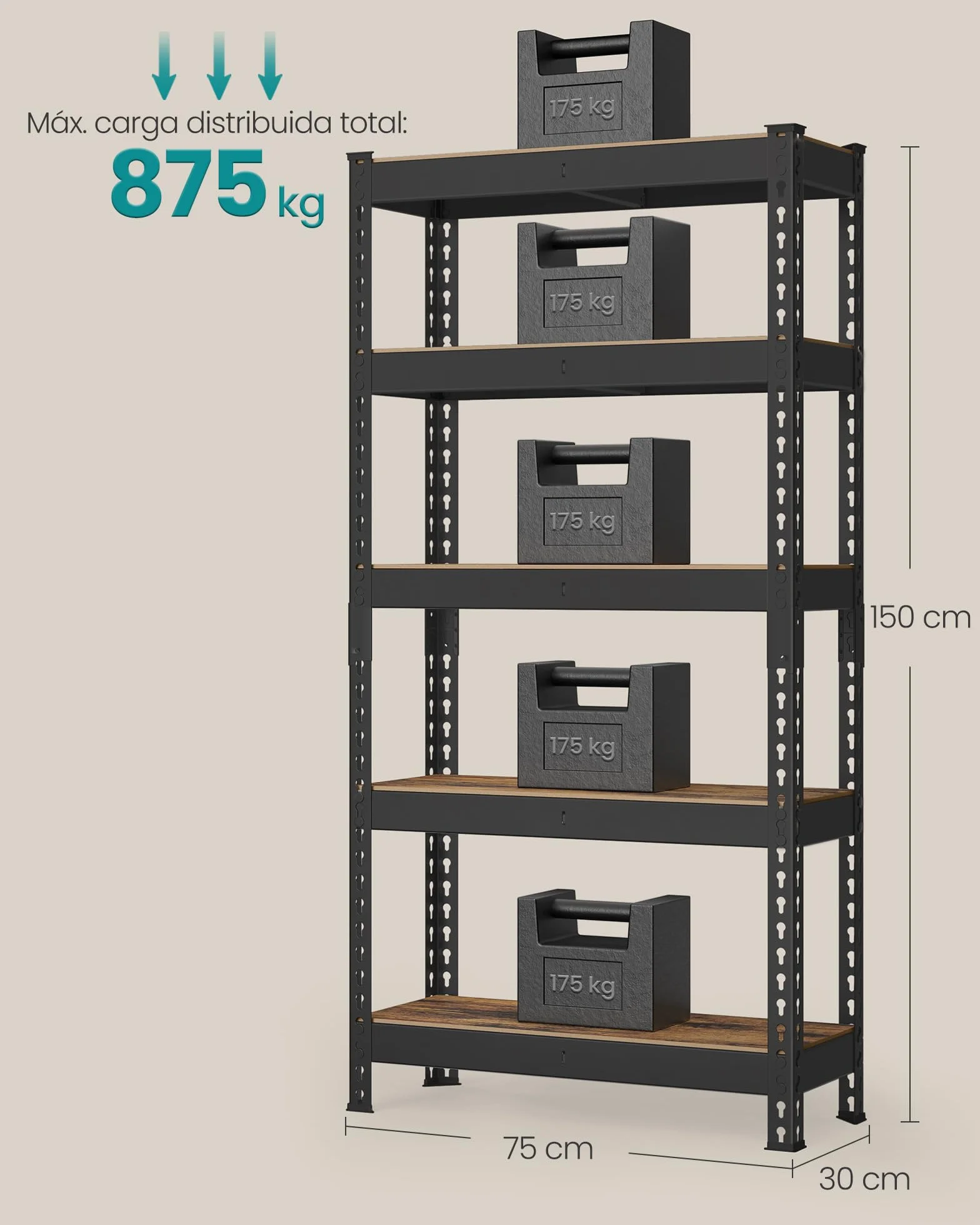 SONGMICS Estantería de 5 Niveles, estantes de Almacenamiento, para Estudio, Montaje sin Tornillos, estantes Ajustables, 30 x 75 x 150 cm, Carga de 875 kg, para cobertizo, almacén, sótano, Cocina