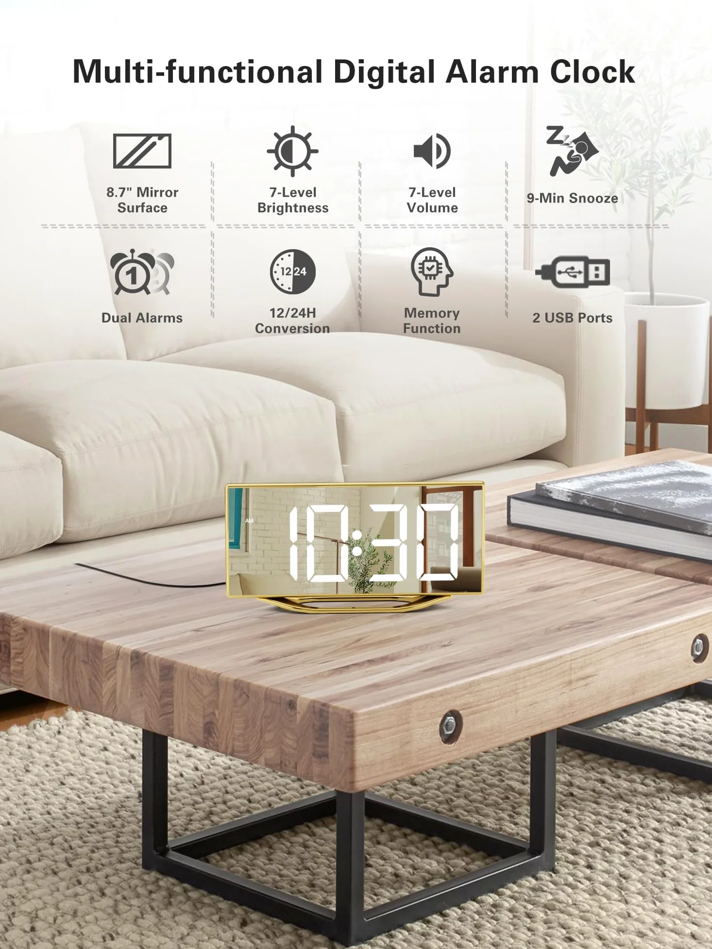 Reloj despertador para dormitorio, moderno reloj digital para sala de estar, reloj despertador LED de 8.7 pulgadas con 2 cargadores USB, repetición, 12/24 horas, 7 reguladores ajustables y volumen