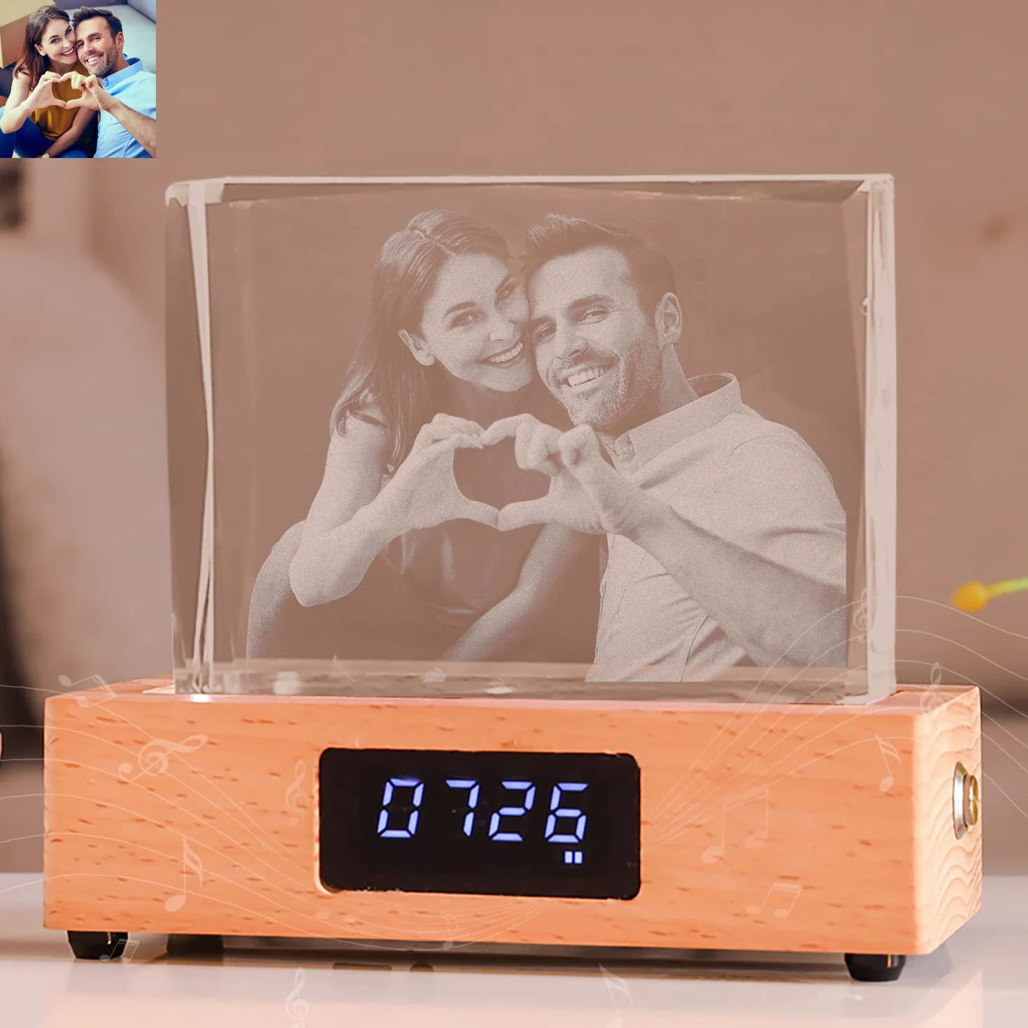 Foto personalizada personalizada, decoración de regalo creativa, caja de música con bluetooth de cristal luminoso con pantalla de reloj para enviar regalos de boda de aniversario a novias y amigos