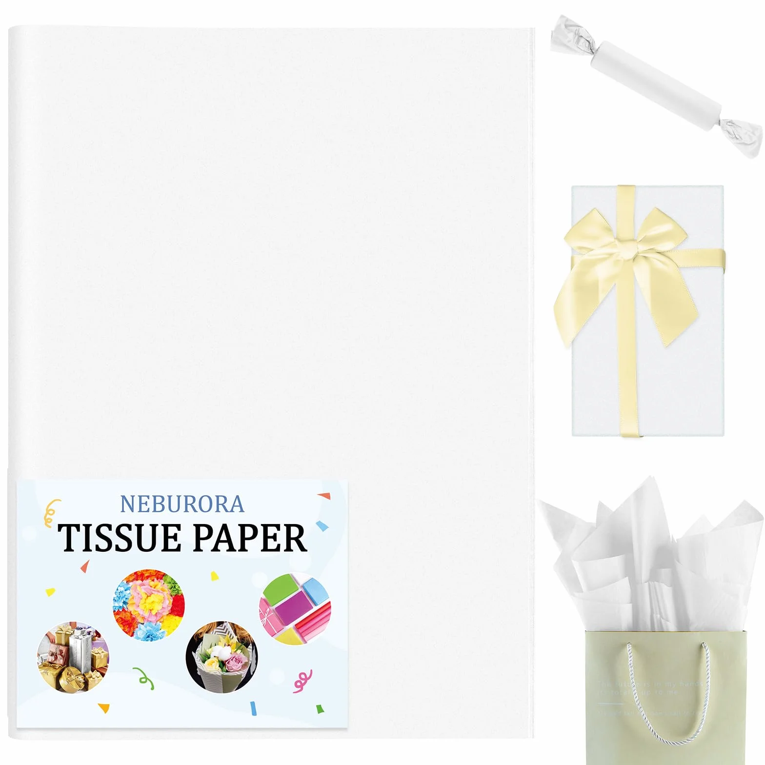 NEBURORA Papel de seda blanco para bolsas de regalo 60 hojas 50 x 35 cm Papel de embalaje blanco para envolver regalos Relleno Flor Arte Artesanía DIY Cumpleaños Boda Decoración (Blanco)
