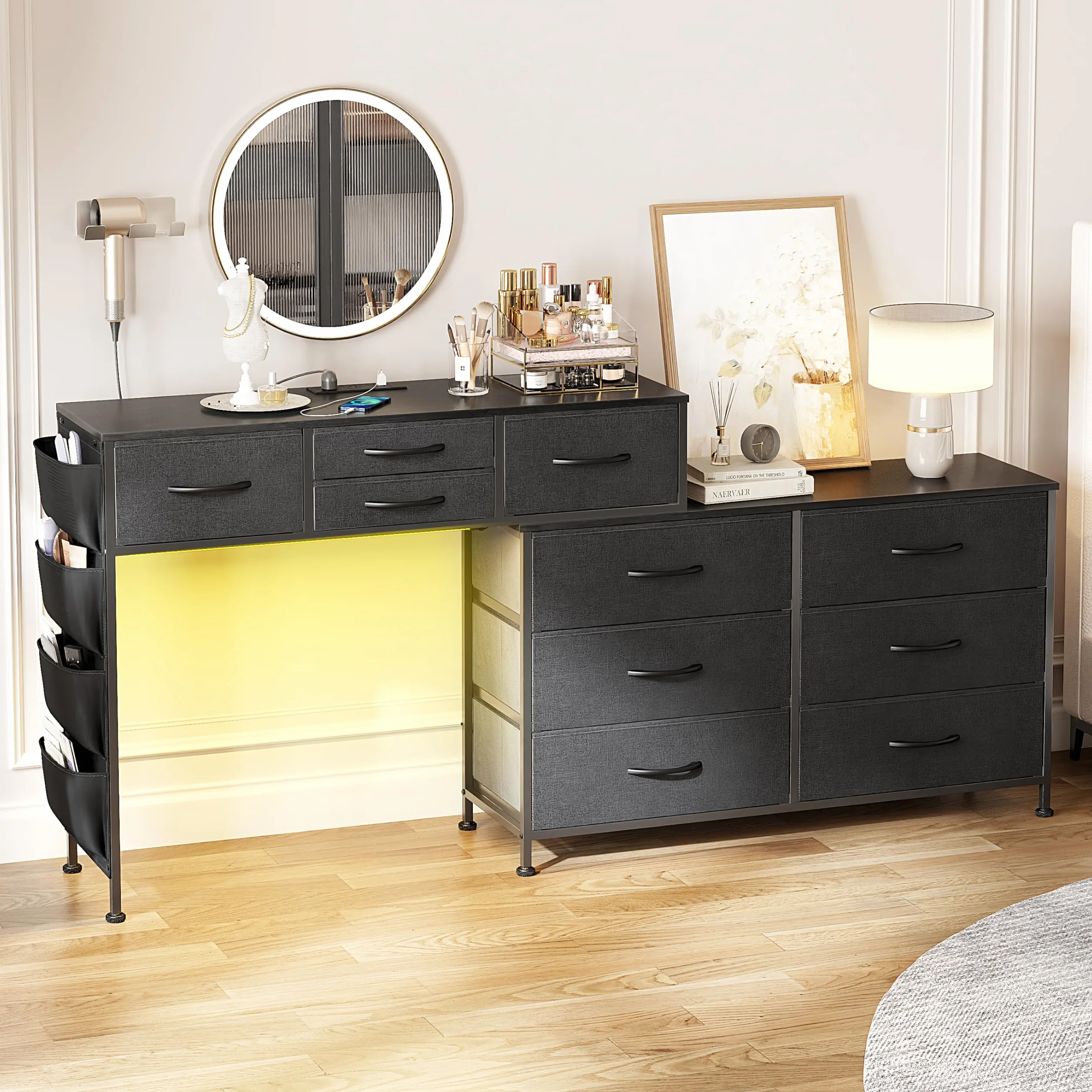 Cómoda de 170 cm con estación de carga y luz LED, mesa de tocador giratoria con 10 cajones de tela y bolsillos laterales, mesa de maquillaje moderna para oficina en casa, gris negro
