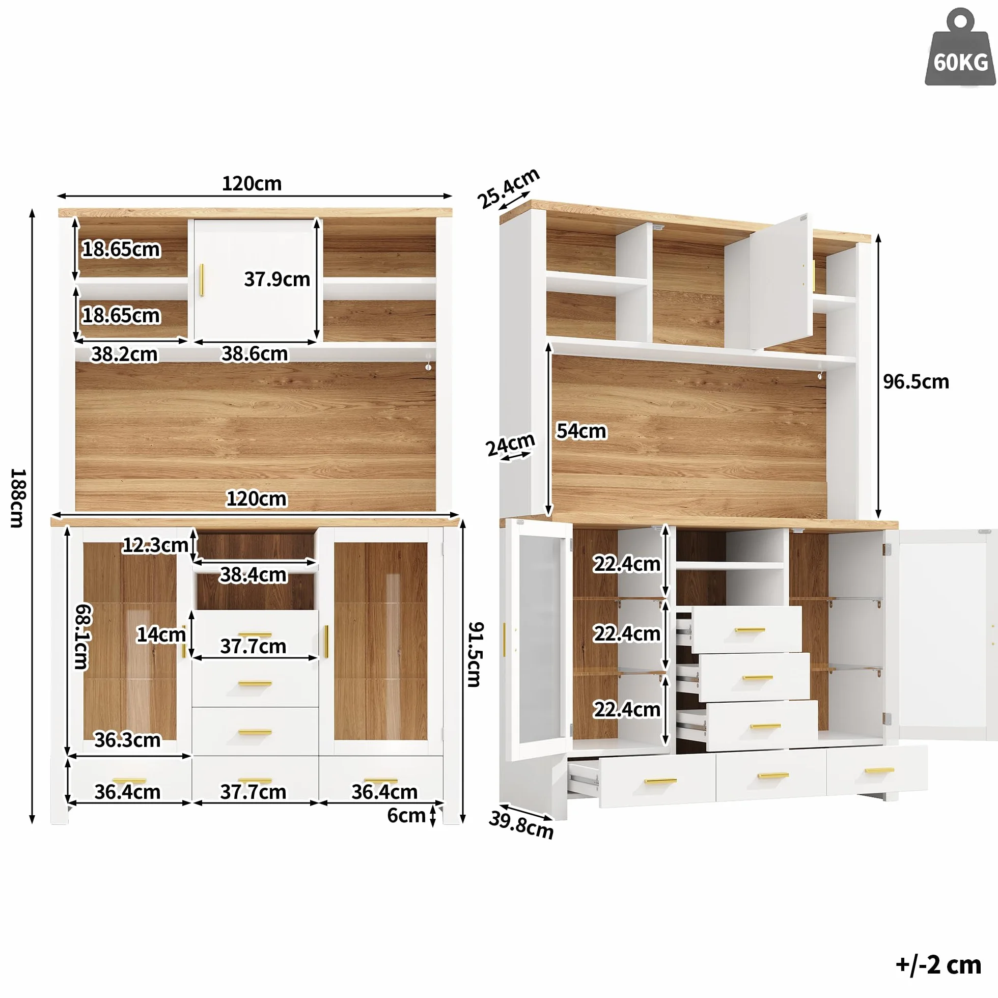 SACOOL Armario de cocina multifunción, 120 x 40 x 188 cm, estilo rústico, 4 puertas, 6 cajones y 3 puertas, color blanco con aspecto de madera, color blanco