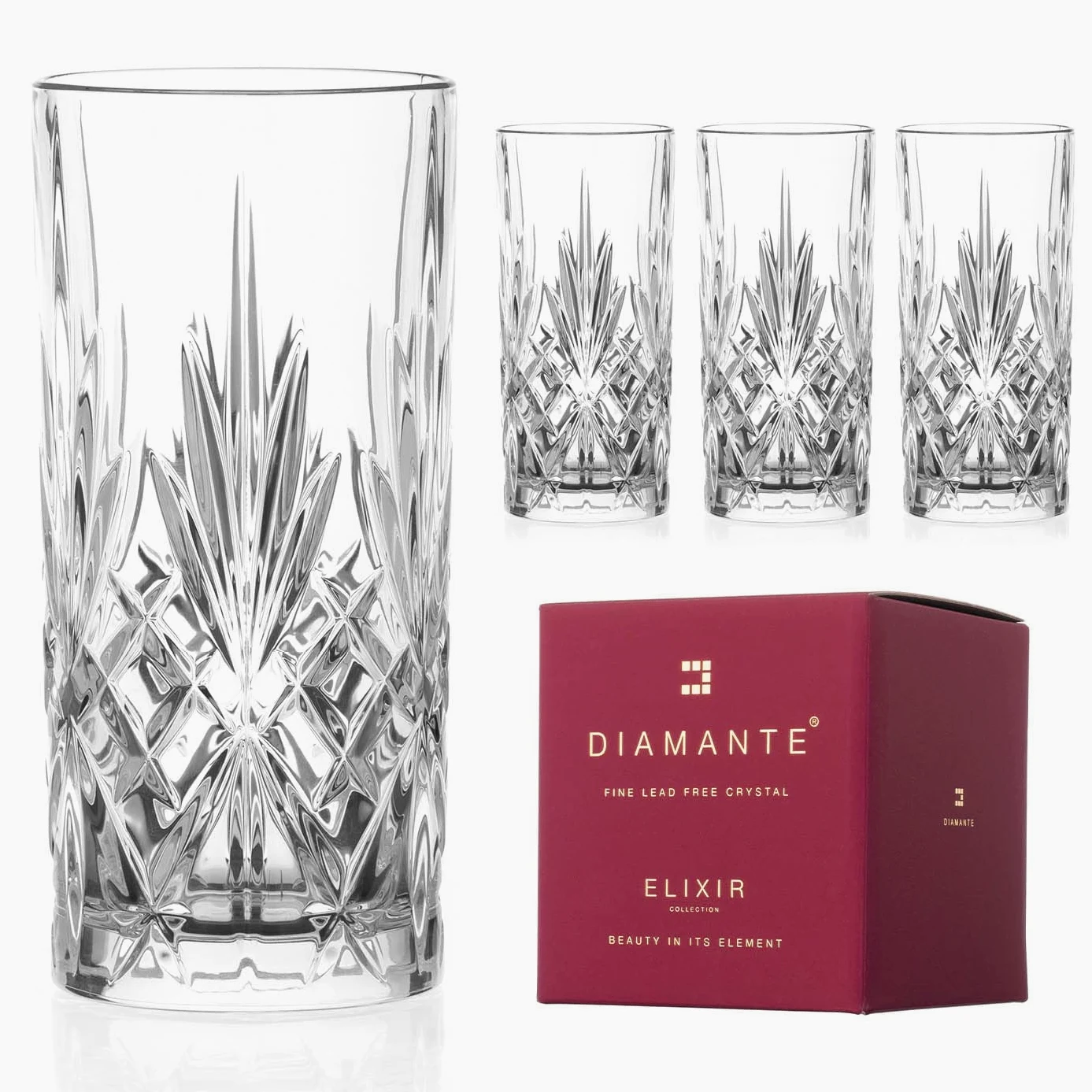 DIAMANTE Chatsworth Hi Ball - Vaso de cristal perfecto para bebidas largas, cócteles y agua, cristal premium, juego de 4