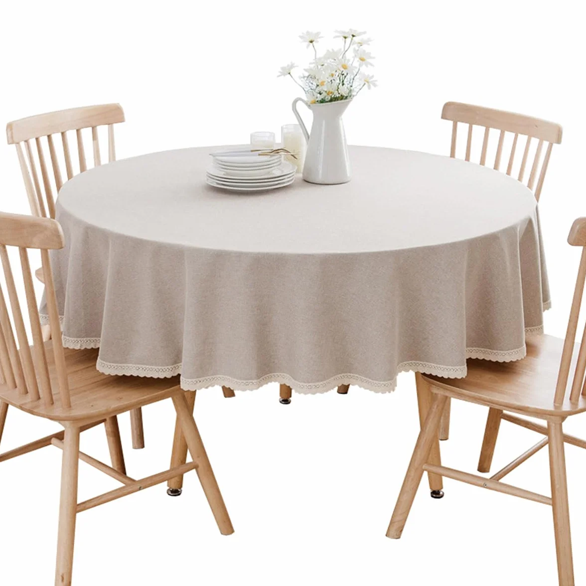 Mantel Redondo de Lino de algodón para mesas de Comedor, mesas de café Lavable a máquina Caqui Diámetro 280 cm