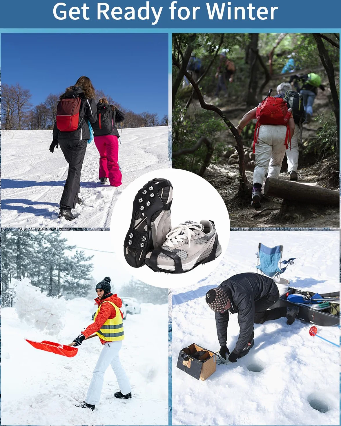 Crampones Inoxidable Nieve Hielo 10 Tacos para Esquí Caminar Pesca Invierno Negro