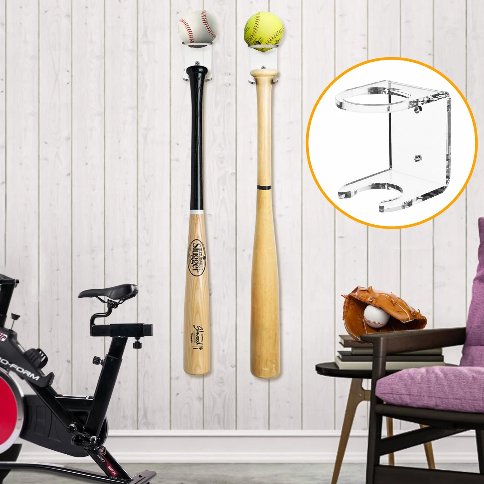 Soportes de pared para almacenamiento de béisbol, soporte acrílico para bate, organizador de equipo deportivo