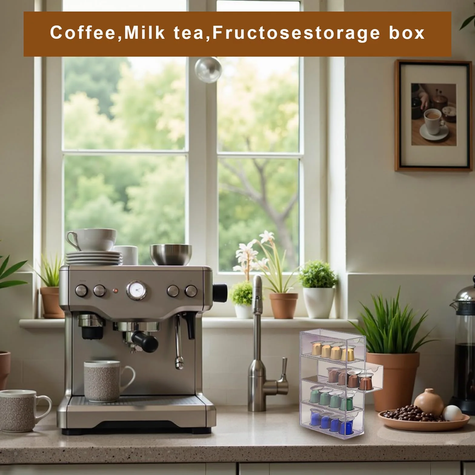 Juego de 2 cápsulas de café, soporte transparente para cápsulas de café, almacenamiento acrílico con 4 cajones, cápsulas de café de cocina y soporte para paquetes de azúcar con tapa, pequeño cajón