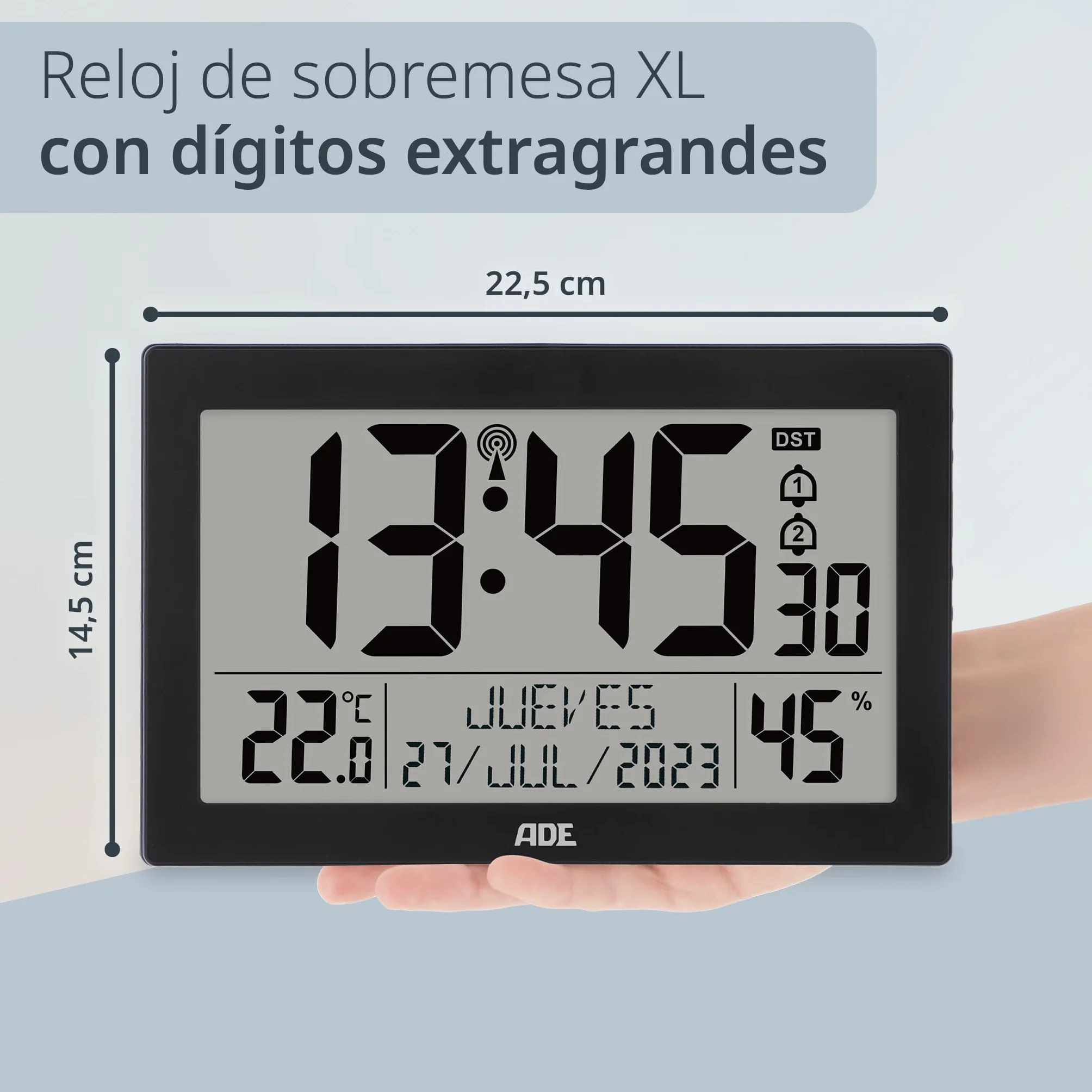 ADE Reloj meteorológico | Reloj Digital de Pared Grande | Despertador Inteligente con Temperatura y Humedad | Cocina, Salon, Dormitorio | radiocontrolado | con luz | para Mayores | con Pilas | Negro