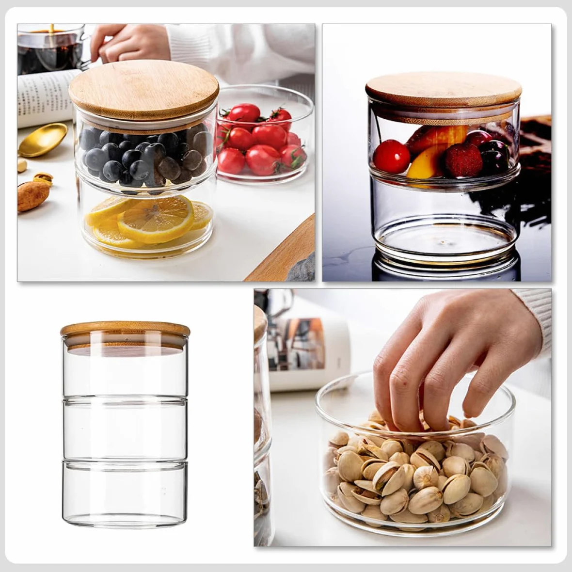 Bol de Ensalada de Vidrio con Tapa, Juego de 1, Bambú | Apilable y Ahorro de Espacio, Fácil de Limpiar, para Restaurantes y Decoración Fotográfica