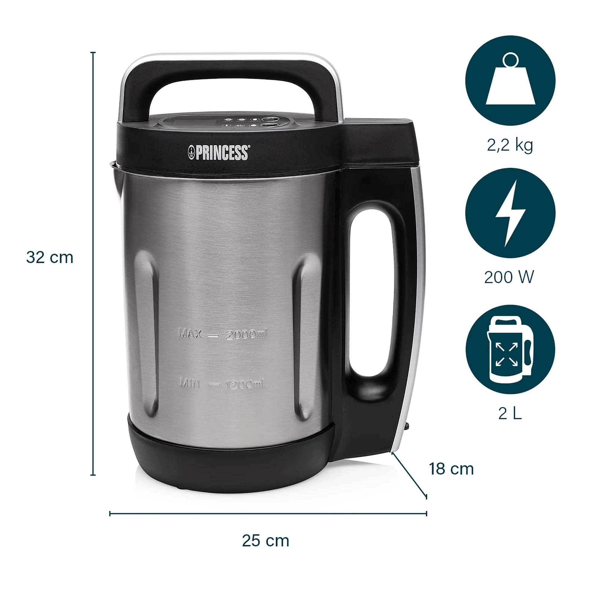 Princess 214002 Máquina para hacer sopa, batidos, salsas y compotas, Acero Inoxidable