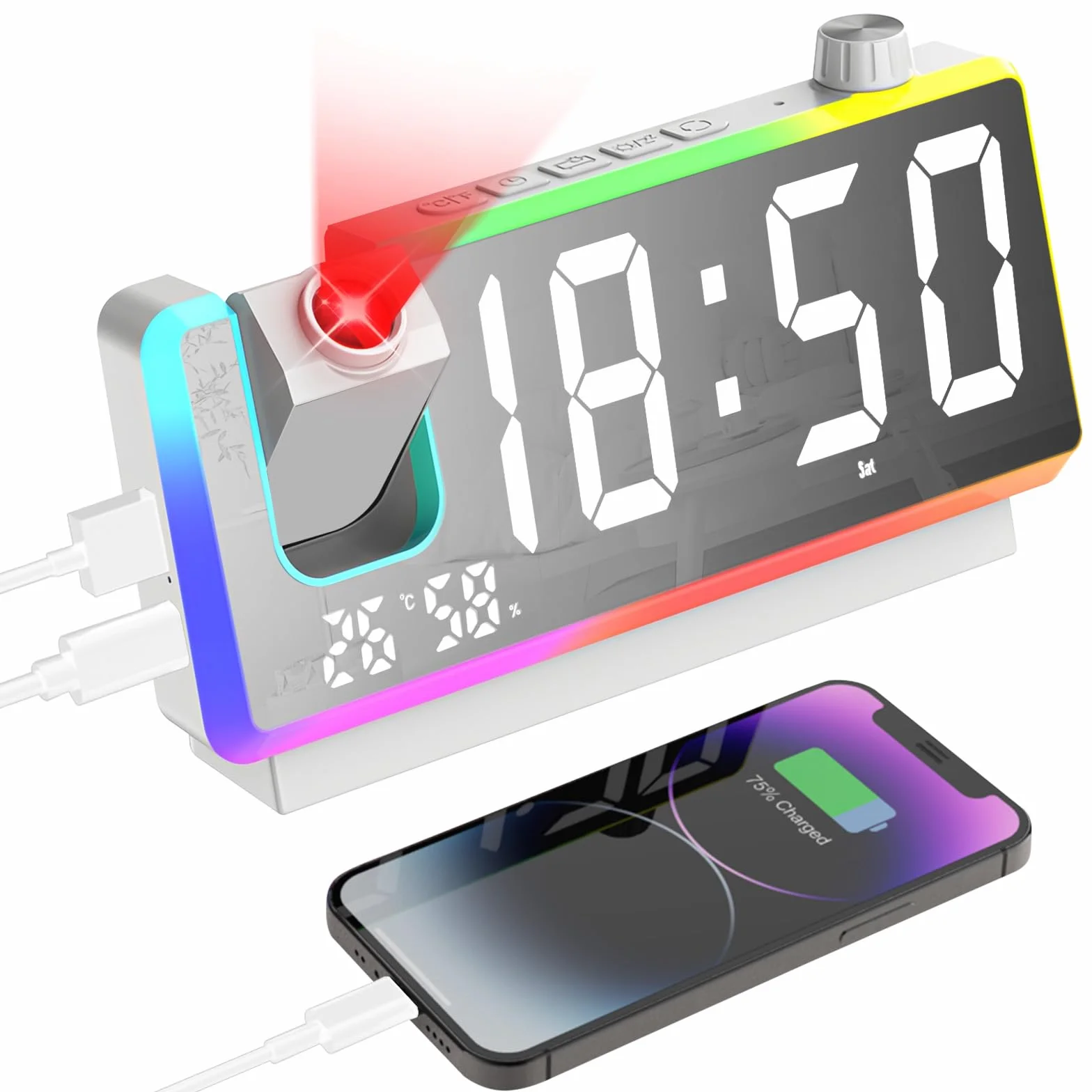 Cuteefun Reloj Proyector Techo, 7 Pulgadas Despertador Digital, Luz Nocturna RGB De 8 Modos, Proyector De 180 °, Doble Alarma, Puerto USB Doble, Temperatura y Humedad, 3 Niveles de Brillos, Blanco