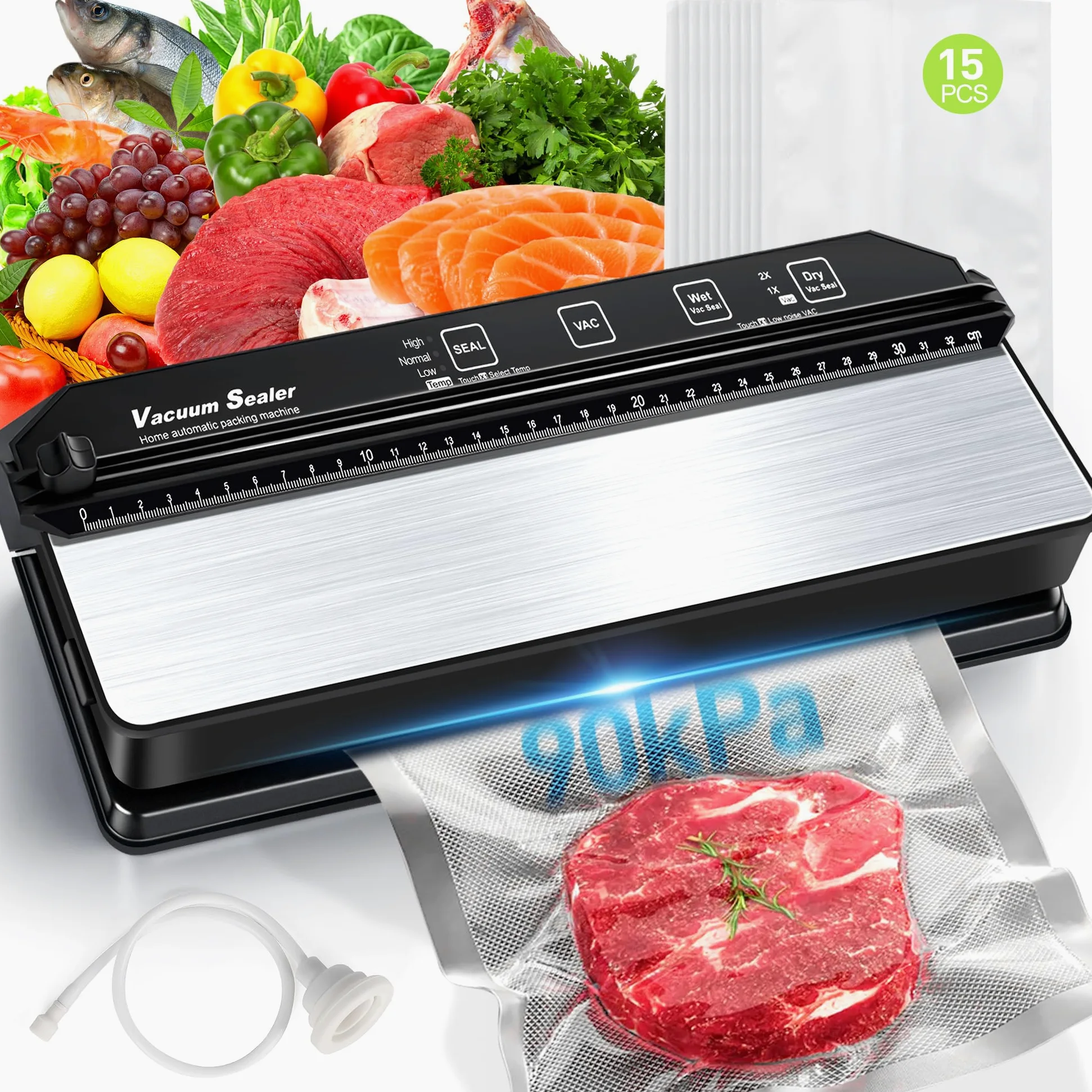 DeeprBetter Domestica Envasadora al Vacío Alimentos, 90kPa con Doble Bomba | Embasadoras Vacio Alimentos Secos&Húmedos, Todo en 1 Maquina Envasar al Vacio Alimentos con 13mm Sellado Ampliado, 15 Bolsas