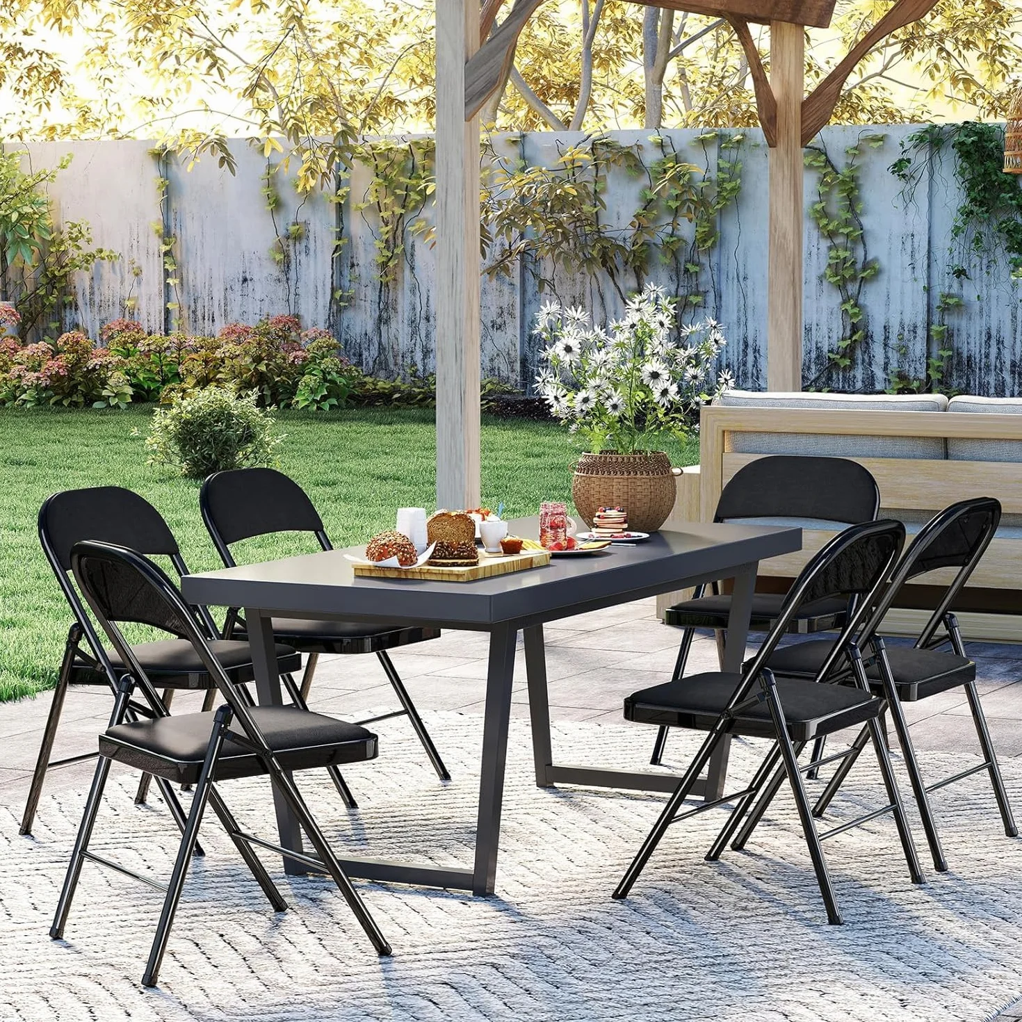 Set 2 Silla Plegable Acolchada, Sillas Plegables con Estructura de Acero Negro para Interior y Exterior, Silla de Comedor Apilable , Silla Plegable para Jardin, Balcón, Camping, Cocina y Eventos