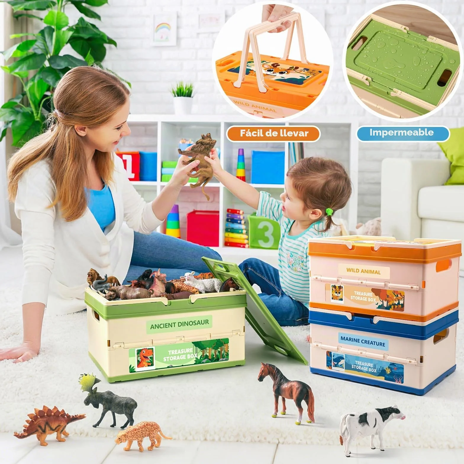 FRUSE Caja Almacenaje Infantil, Juego de 3, Caja Organizadora Plegable, Organizador Juguetes con Tapa,Cajas Almacenaje para Juguetes,Habitación de Niños,Sala de Juegos, Salones, 34,4 x 24,3 x 55 cm
