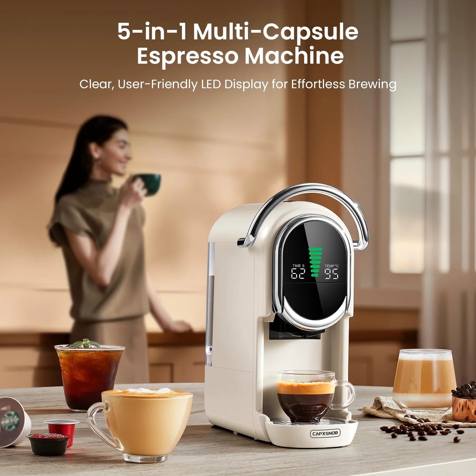 Magician1 Mini Pod - Máquinas de café 5 en 1 para Nespresso Original OL, Dolce Gusto, Lavazza A Modo Mio Capsule, almohadillas ESE de 44 mm y café molido espresso, 20 bares, 1450 W, preparación