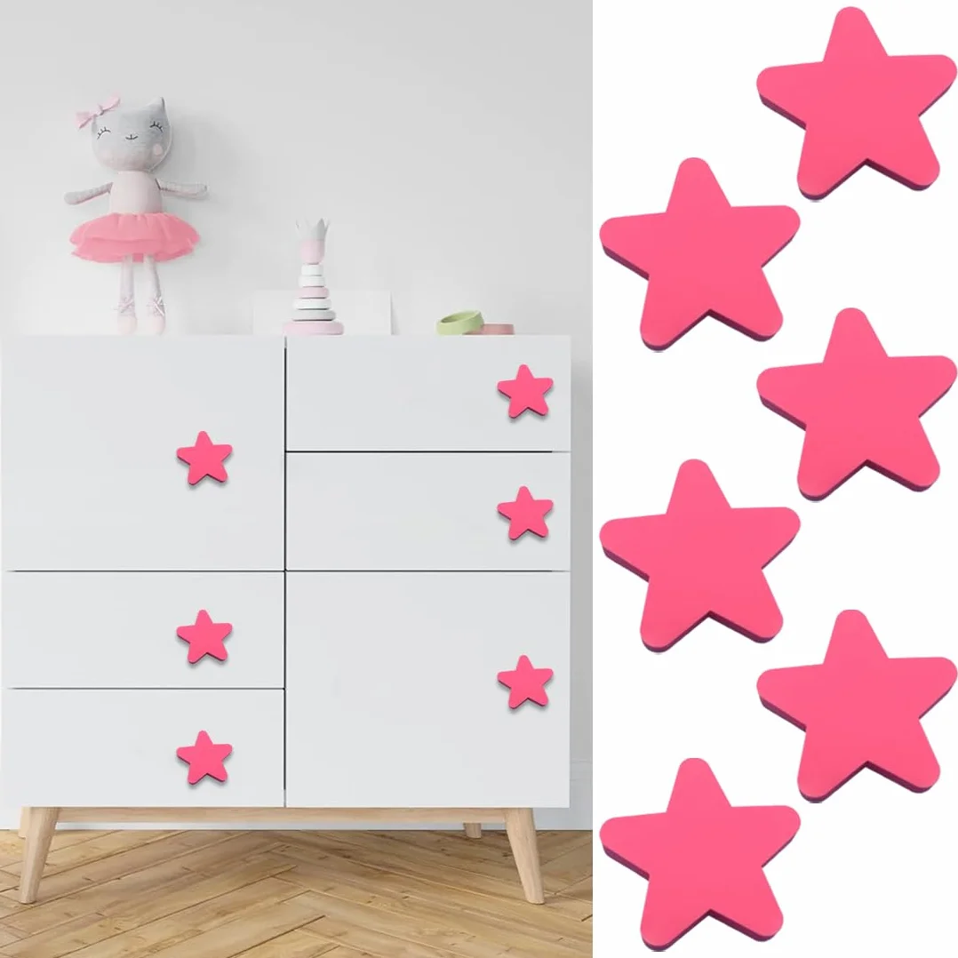 6 Pomo Infantil Estrella Acabado Lacado Medida,Tirador Estrella,Ideal para decoración Infantil (Rosa)