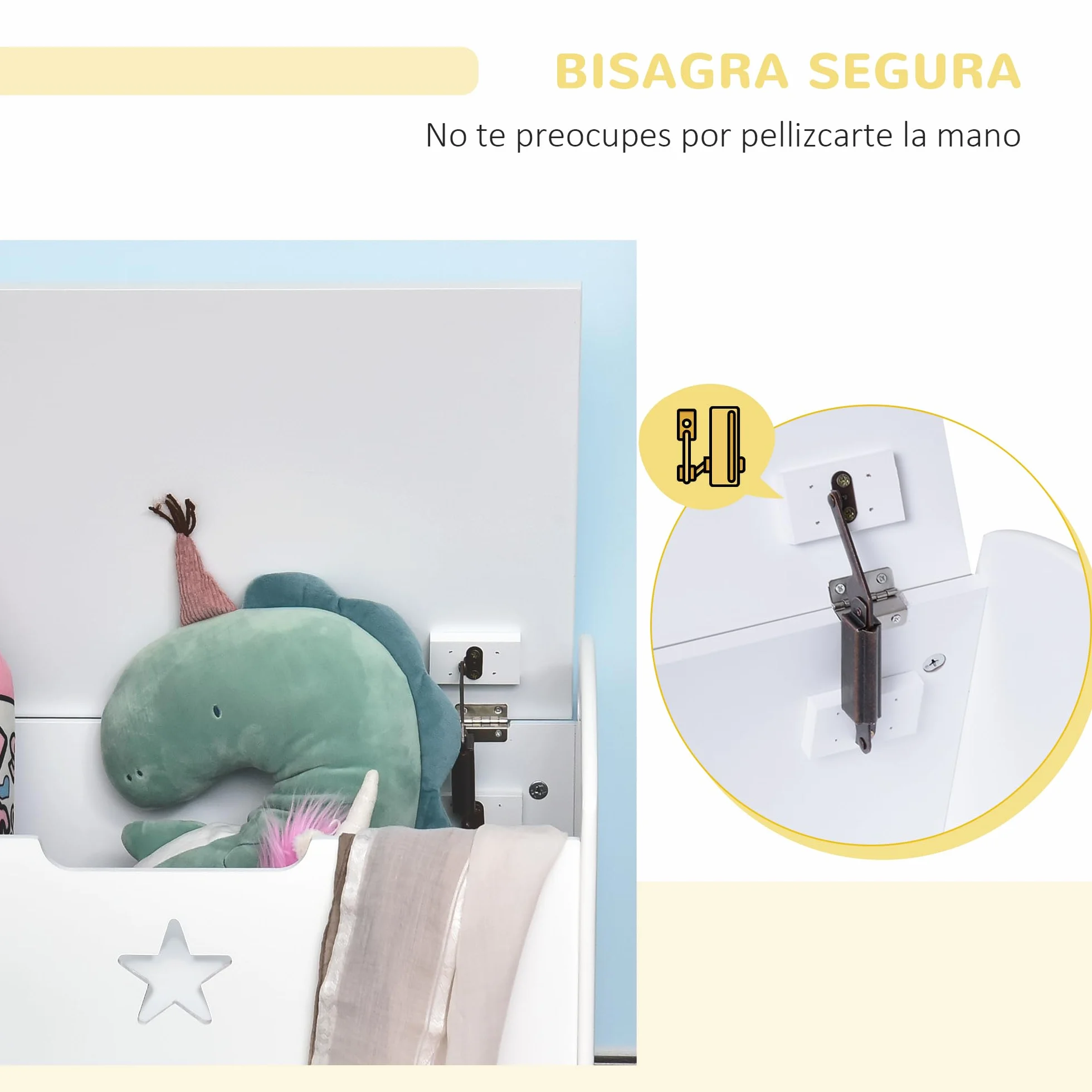 HOMCOM Baúl de Almacenaje Organizador de Juguete de Niño Tapa Reversible Diseño con Seguridad 62x40x46,5 cm Amplio Espacio Carga 20 kg Blanco