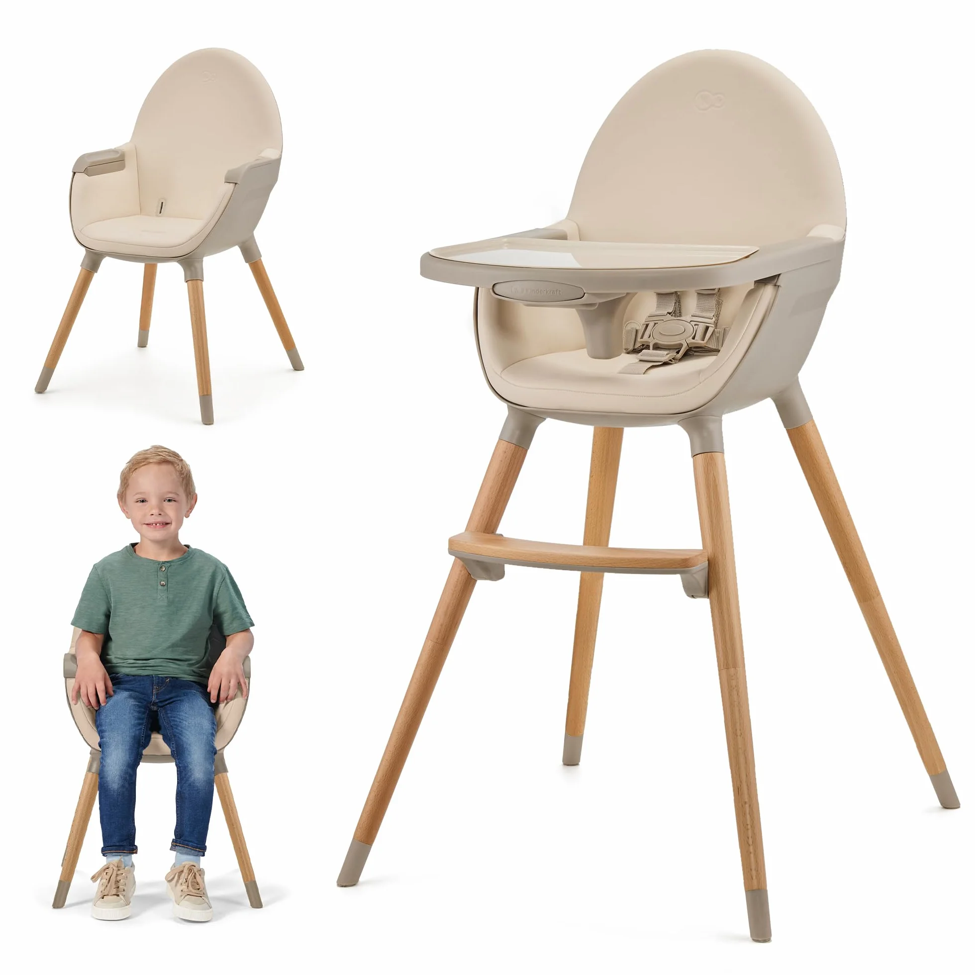 Kinderkraft FINI 2 Trona bebé 2 en 1 Silla Infantil Portátil Patas de Madera Bandeja Ajustable Beige