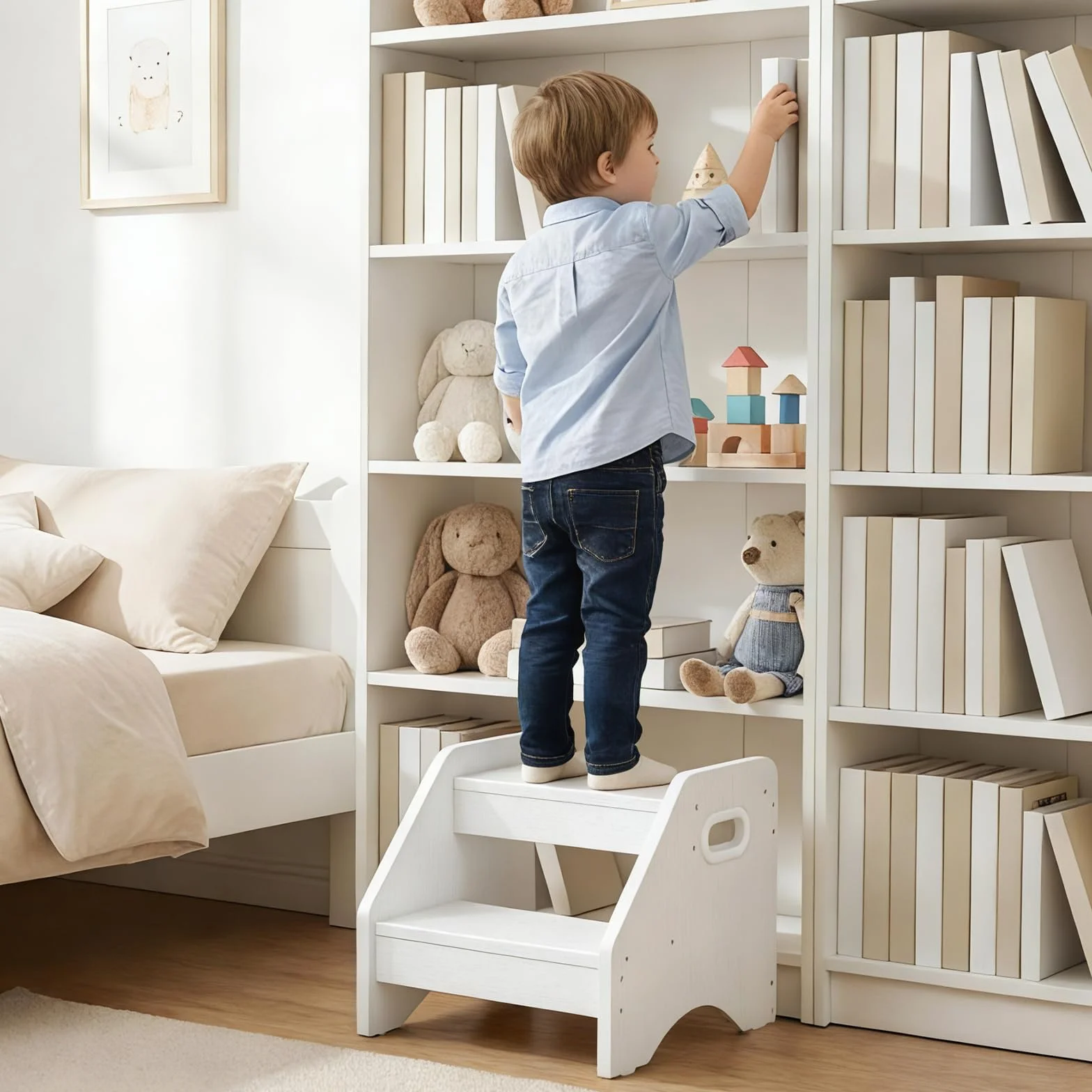HOOBRO Taburete para Niños de 2 Peldaños en Forma de Trapecio, Asas y Alfombrillas Antideslizantes, Taburete Infantil, Carga 30 kg, para Niños de 3 a 8 años, para Salón, Dormitorio, Blanco EWT28JD01