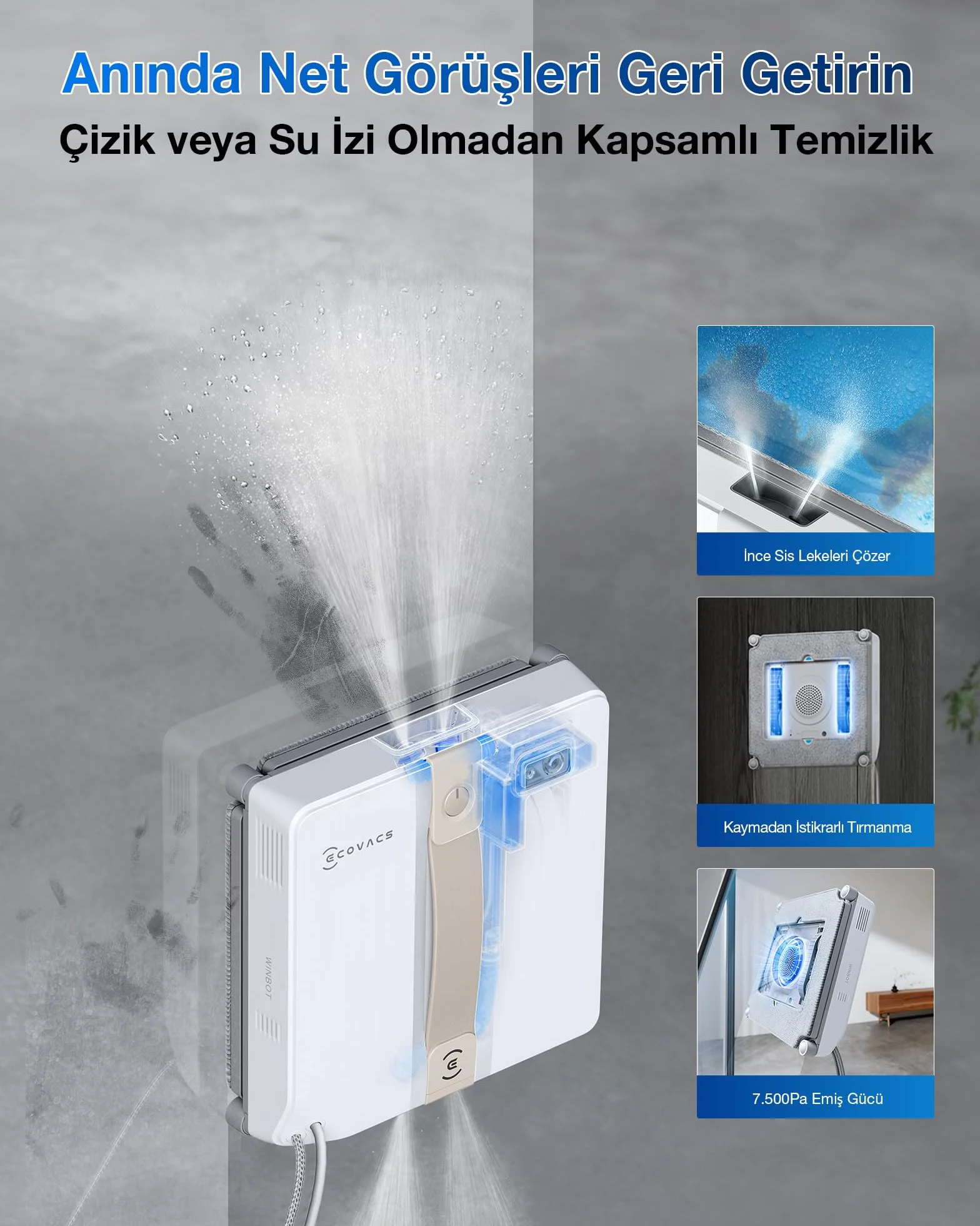 ECOVACS Robot limpiacristales WINBOT Mini diseño Compacto, boquillas Dobles con pulverizador ultrasónico, Sistema de protección de 9 etapas, planificación Inteligente de rutas, 3 Modos de Limpieza