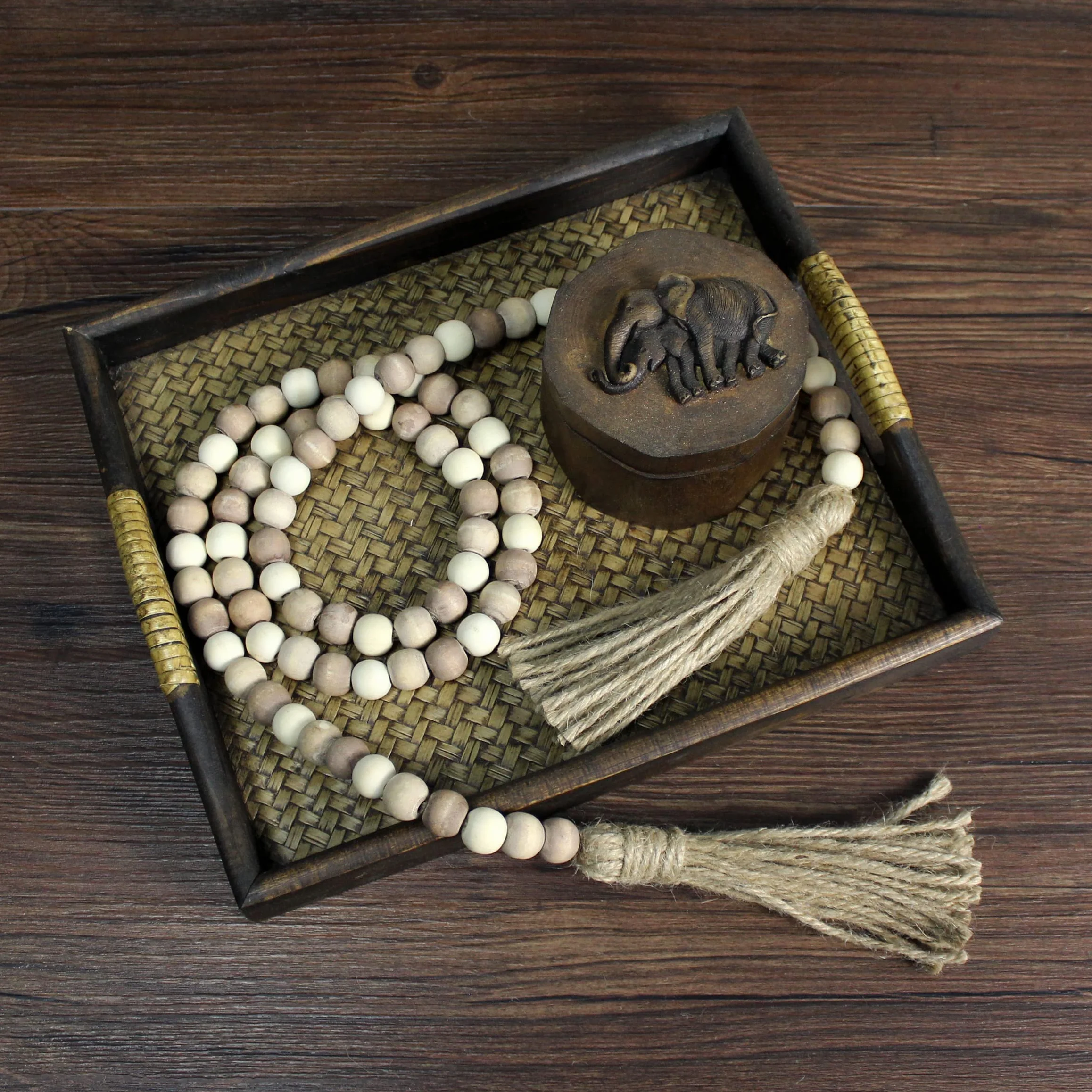 CVHOMEDECO. Guirnalda de Cuentas de Madera con borlas, Estilo rústico para oración de Madera, para Colgar en la Pared, decoración del hogar, Festival, Mezcla Envejecida