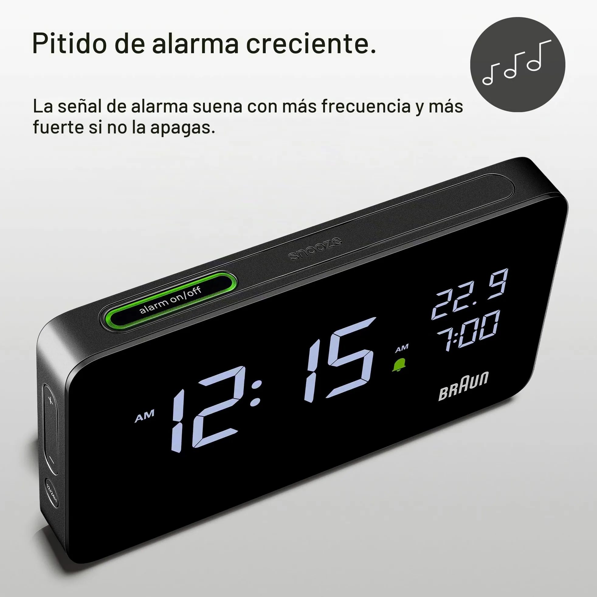 Braun Reloj Despertador Digital Pantalla LCD, 2 Puertos USB-C para Cargar Otros Dispositivos, visualización de Fecha y Hora, repetición táctil, configuración rápida, en Negro, Modelo BC20B.