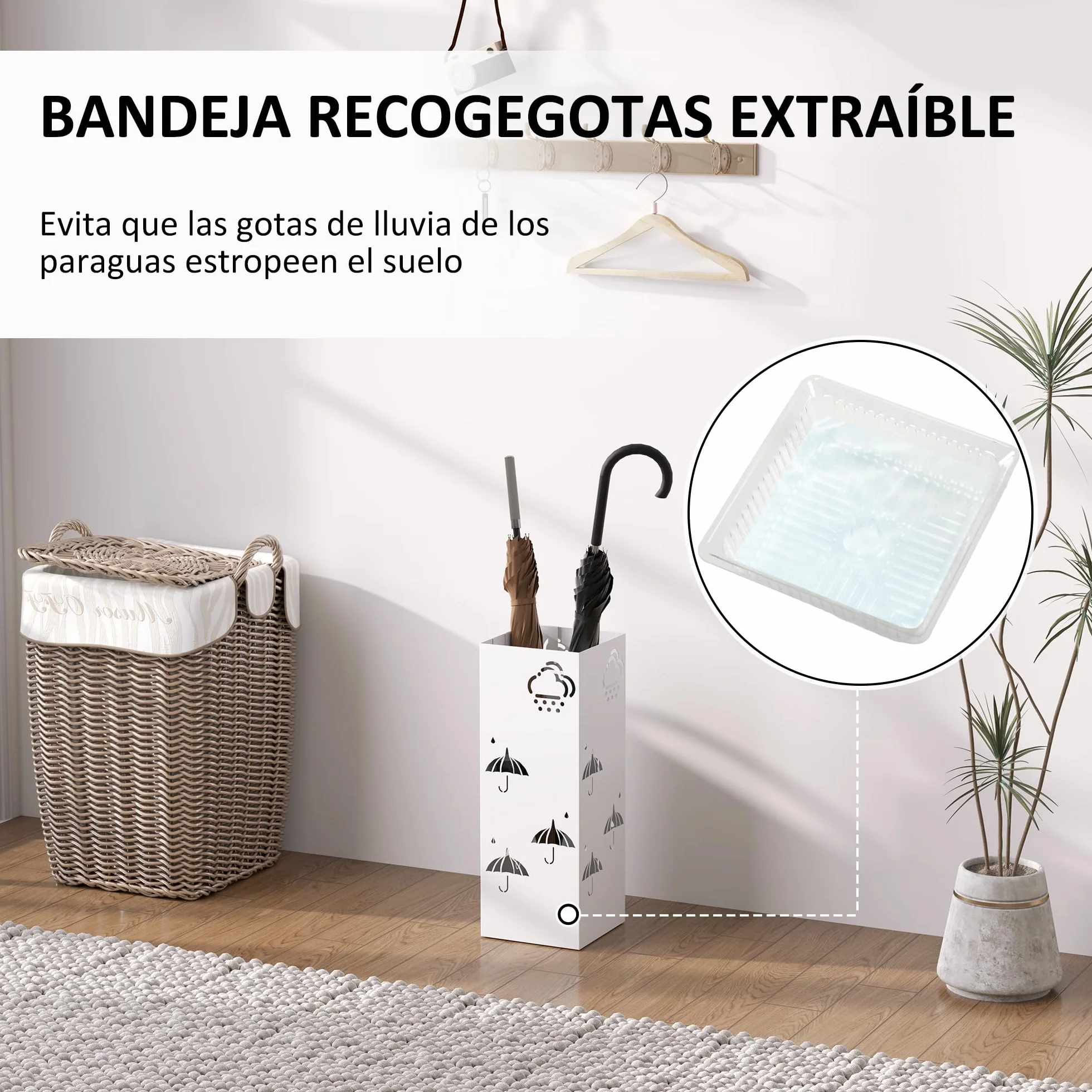 HOMCOM Paragüero de Acero Soporte Paraguas 4 Ganchos Bandeja Goteo Extraíble Blanco Entrada Oficina 15,5x15,5x41 cm