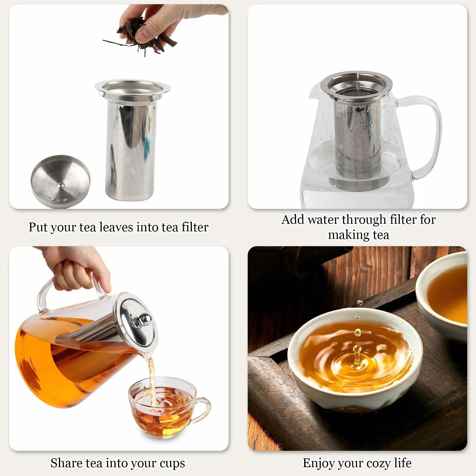 MXTIMWAN Tetera de vidrio de 1,3 litros, resistente al calor, transparente con colador extraíble, para bebidas frías y calientes.