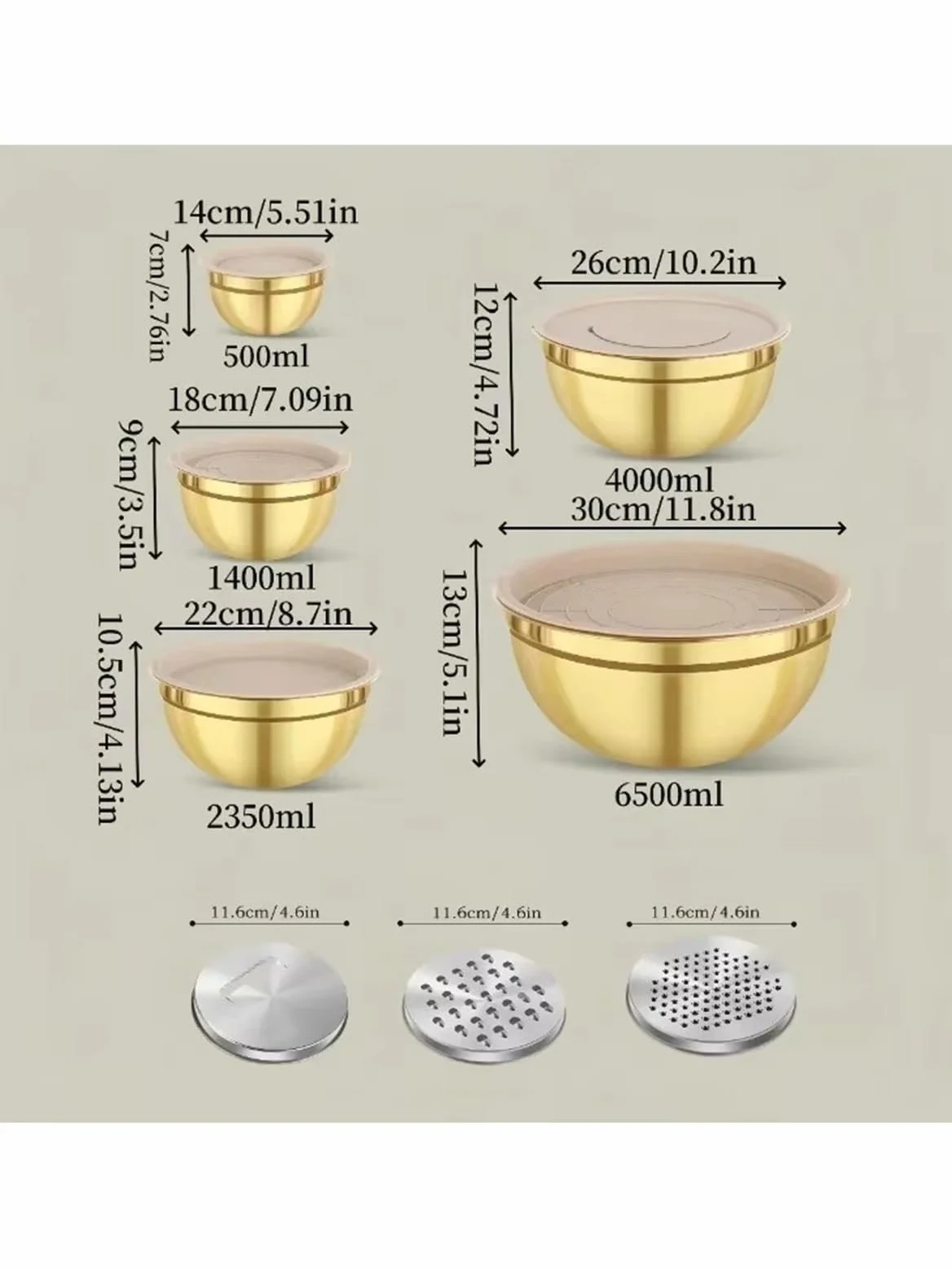 Tazón Para Mezclar Juego de tazones for mezclar acero inoxidable dorado | 10 piezas con sacapuntas de tapa for hornear ensalada de cocción