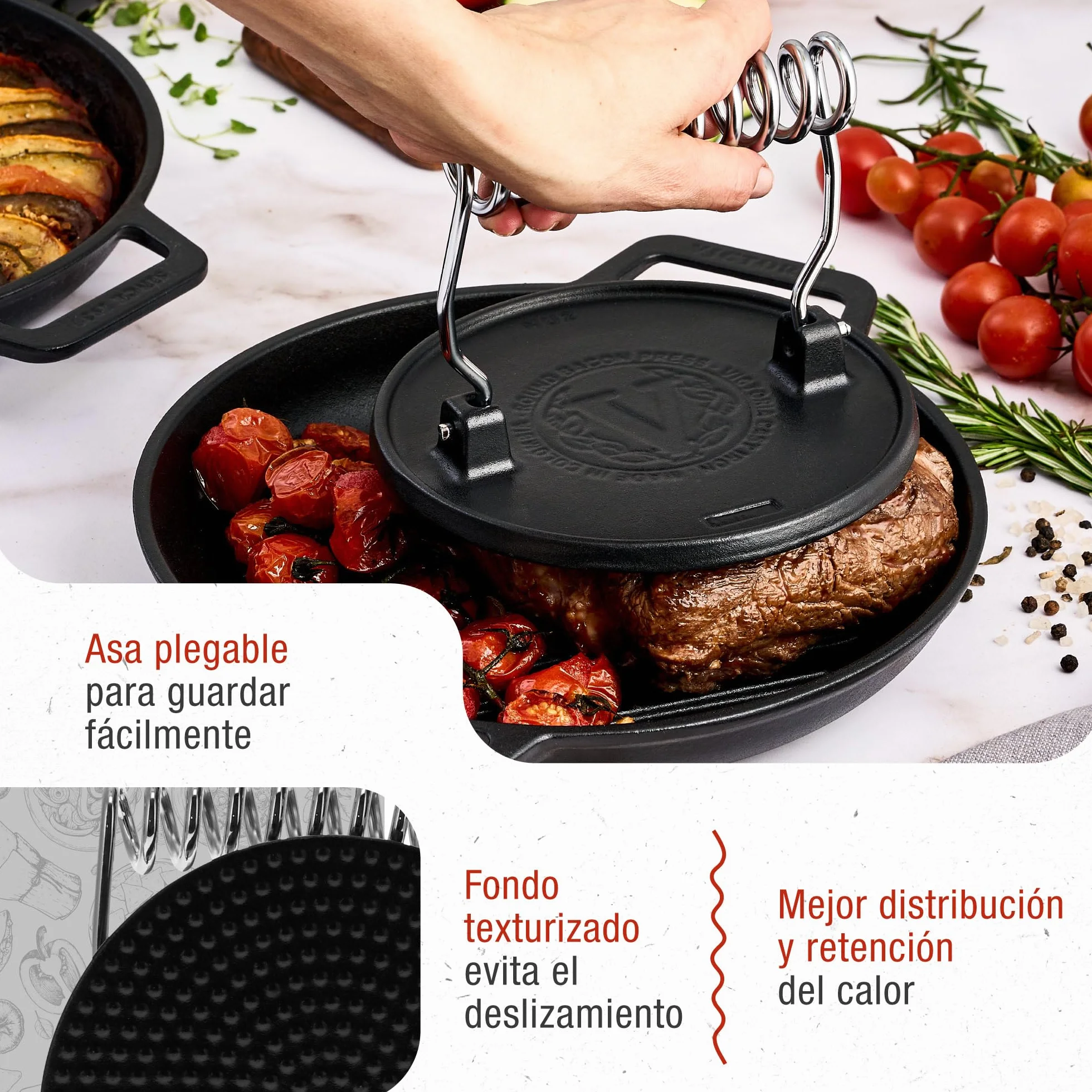 Victoria Prensa Hamburguesas Smash Burger Hierro Fundido Esmaltado 16,5cm Aplastador de Carne para Barbacoa Profesional, Mango Resistente al Calor, Libre de Tóxicos sin PTFE ni PFOA